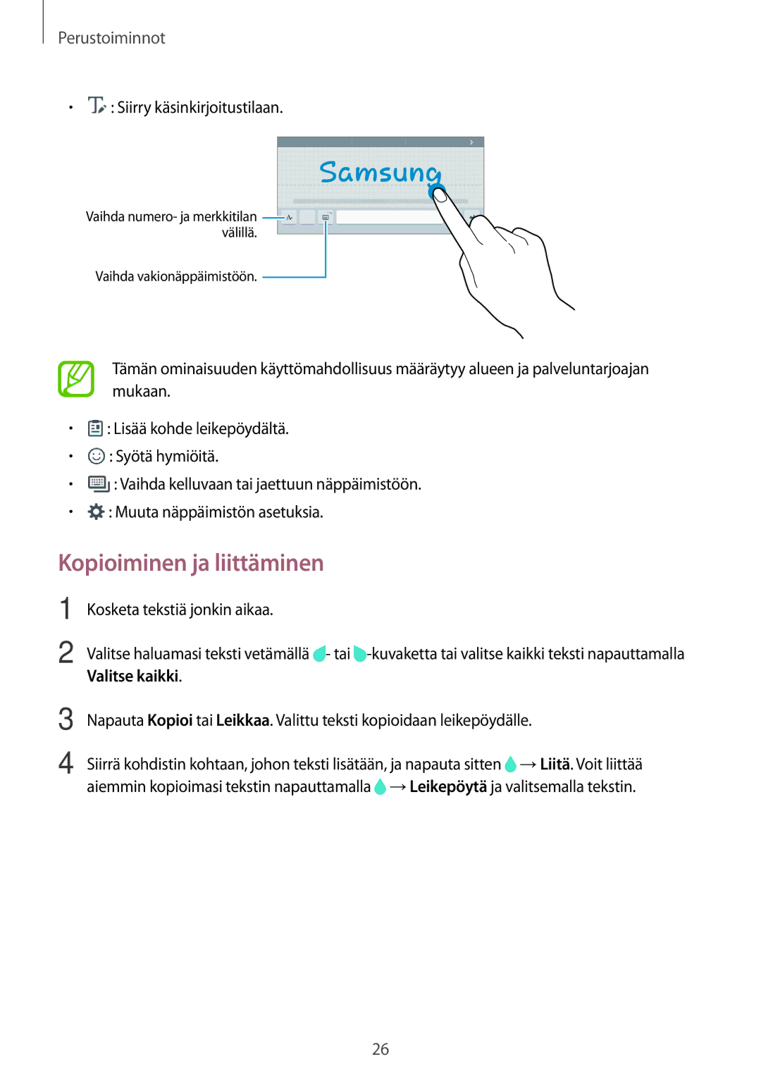 Samsung SM-T550NZWANEE manual Kopioiminen ja liittäminen, Valitse kaikki 