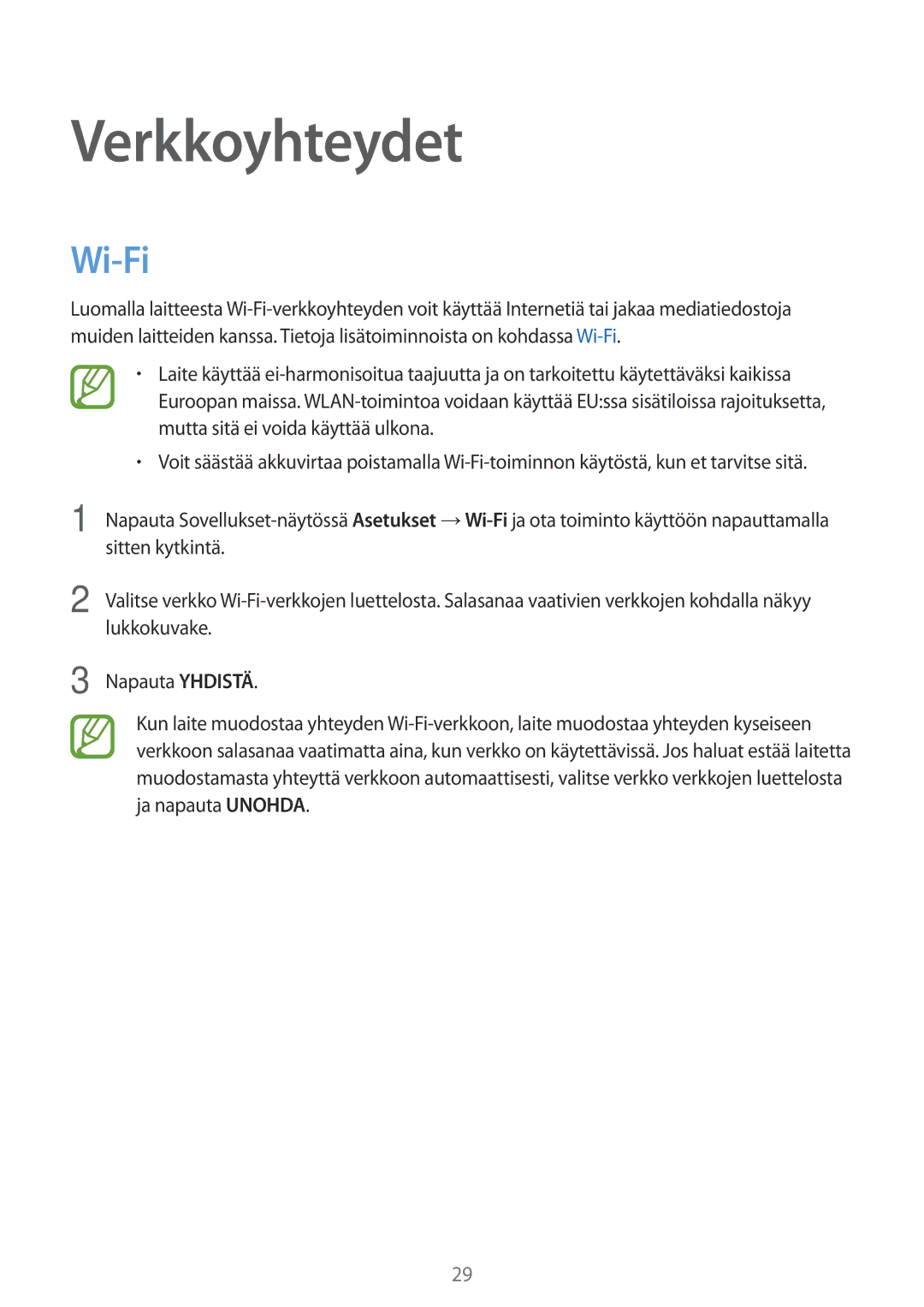 Samsung SM-T550NZWANEE manual Verkkoyhteydet, Wi-Fi 