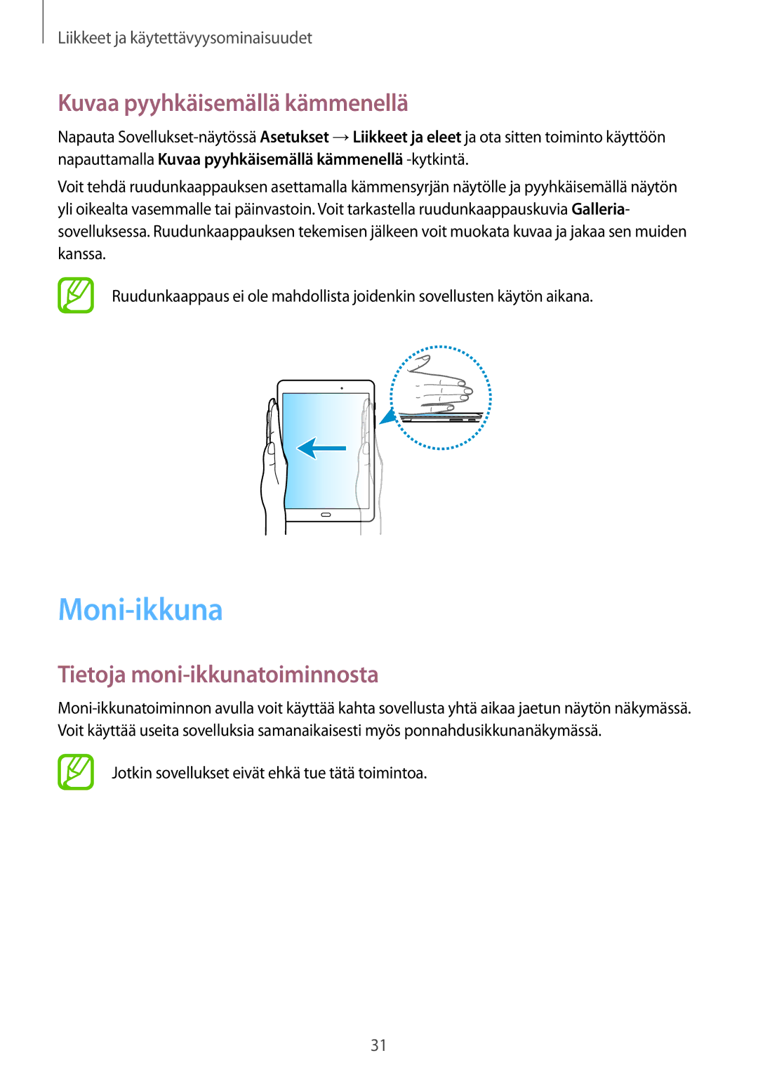 Samsung SM-T550NZWANEE manual Moni-ikkuna, Kuvaa pyyhkäisemällä kämmenellä, Tietoja moni-ikkunatoiminnosta 