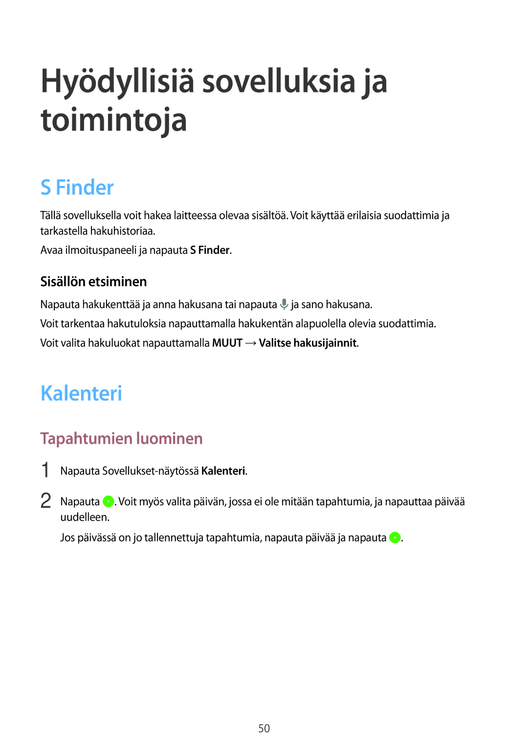 Samsung SM-T550NZWANEE manual Finder, Kalenteri, Tapahtumien luominen, Sisällön etsiminen 