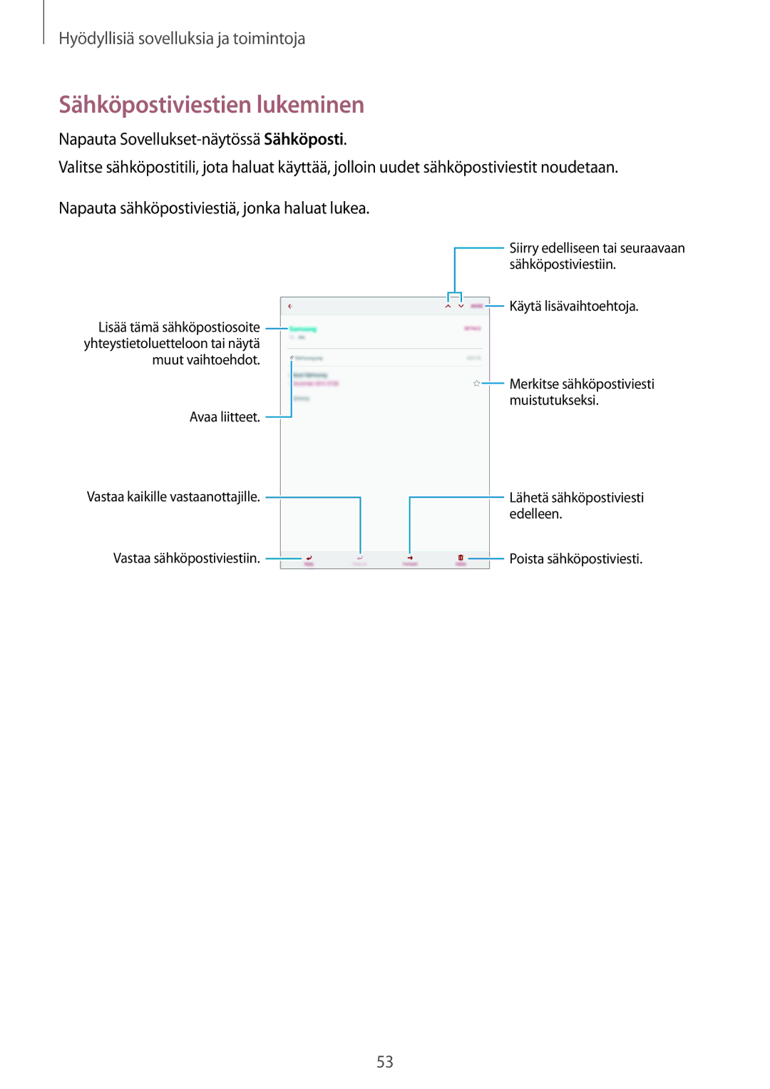 Samsung SM-T550NZWANEE manual Sähköpostiviestien lukeminen 