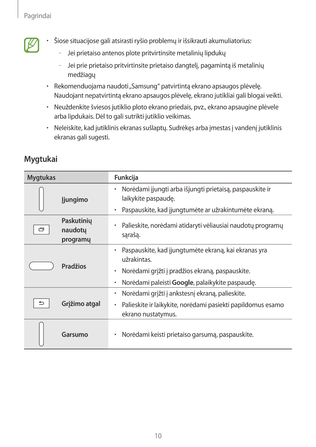 Samsung SM-T550NZKASEB, SM-T550NZWASEB, SM-P550NZKASEB manual Mygtukai 