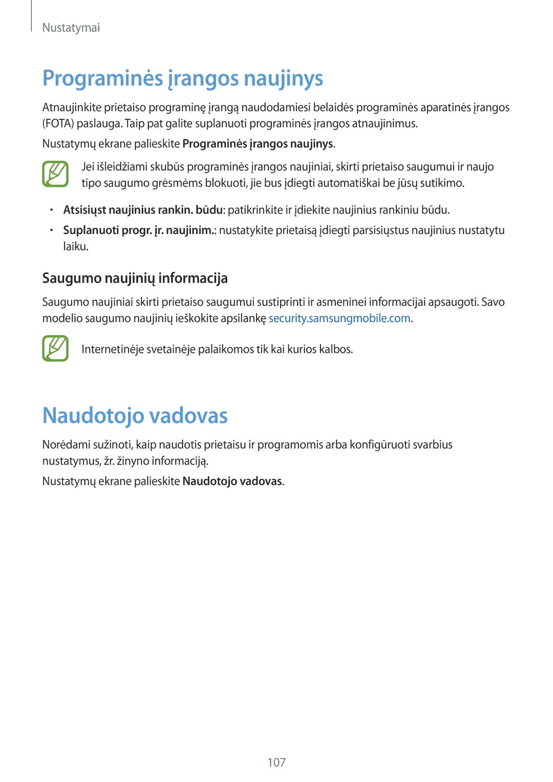 Samsung SM-P550NZKASEB, SM-T550NZWASEB manual Programinės įrangos naujinys, Naudotojo vadovas, Saugumo naujinių informacija 