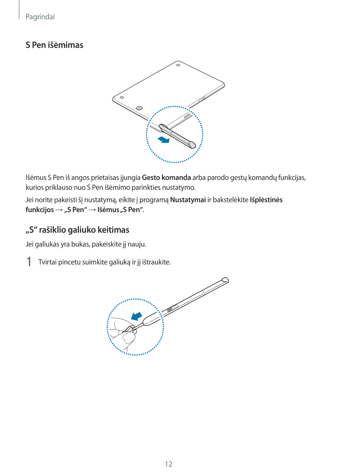 Samsung SM-T550NZWASEB, SM-T550NZKASEB, SM-P550NZKASEB manual Pen išėmimas, „S rašiklio galiuko keitimas 