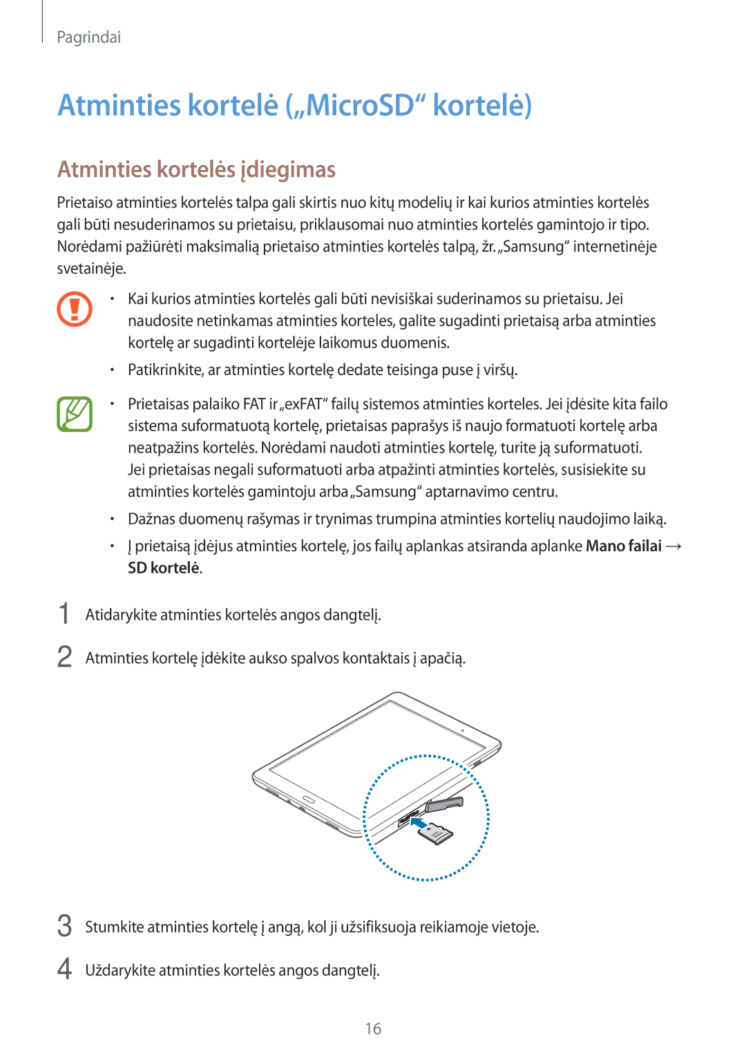 Samsung SM-T550NZKASEB, SM-T550NZWASEB, SM-P550NZKASEB Atminties kortelė „MicroSD kortelė, Atminties kortelės įdiegimas 