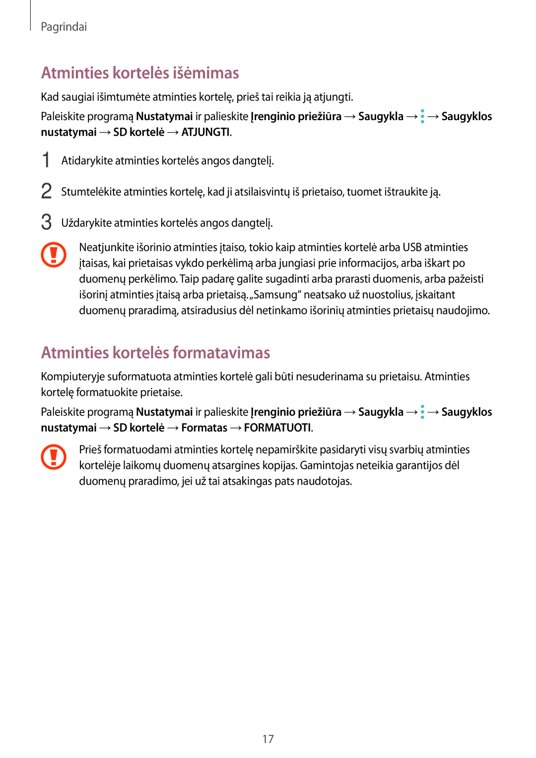 Samsung SM-P550NZKASEB, SM-T550NZWASEB, SM-T550NZKASEB manual Atminties kortelės išėmimas, Atminties kortelės formatavimas 