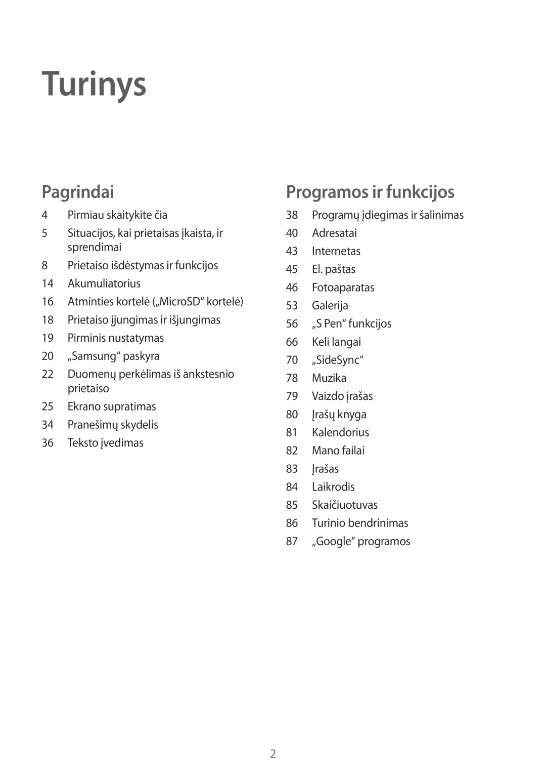 Samsung SM-P550NZKASEB, SM-T550NZWASEB, SM-T550NZKASEB manual Turinys 