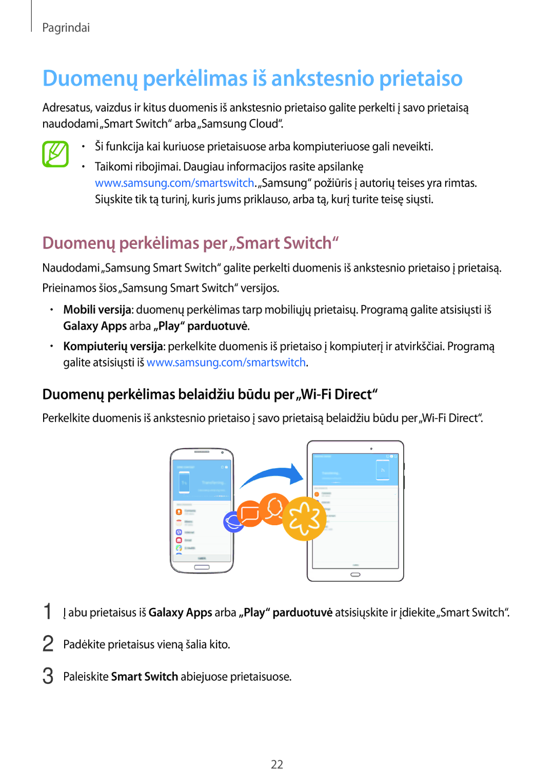 Samsung SM-T550NZKASEB, SM-T550NZWASEB Duomenų perkėlimas iš ankstesnio prietaiso, Duomenų perkėlimas per„Smart Switch 