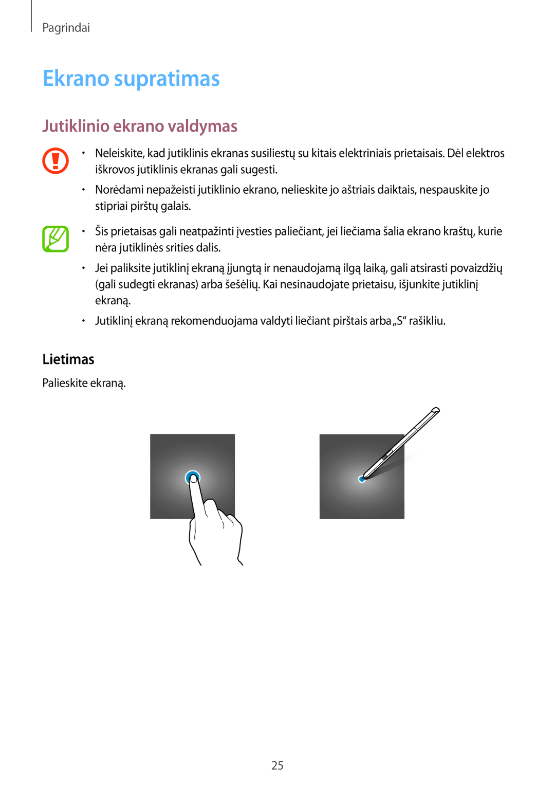 Samsung SM-T550NZKASEB, SM-T550NZWASEB, SM-P550NZKASEB manual Ekrano supratimas, Jutiklinio ekrano valdymas, Lietimas 