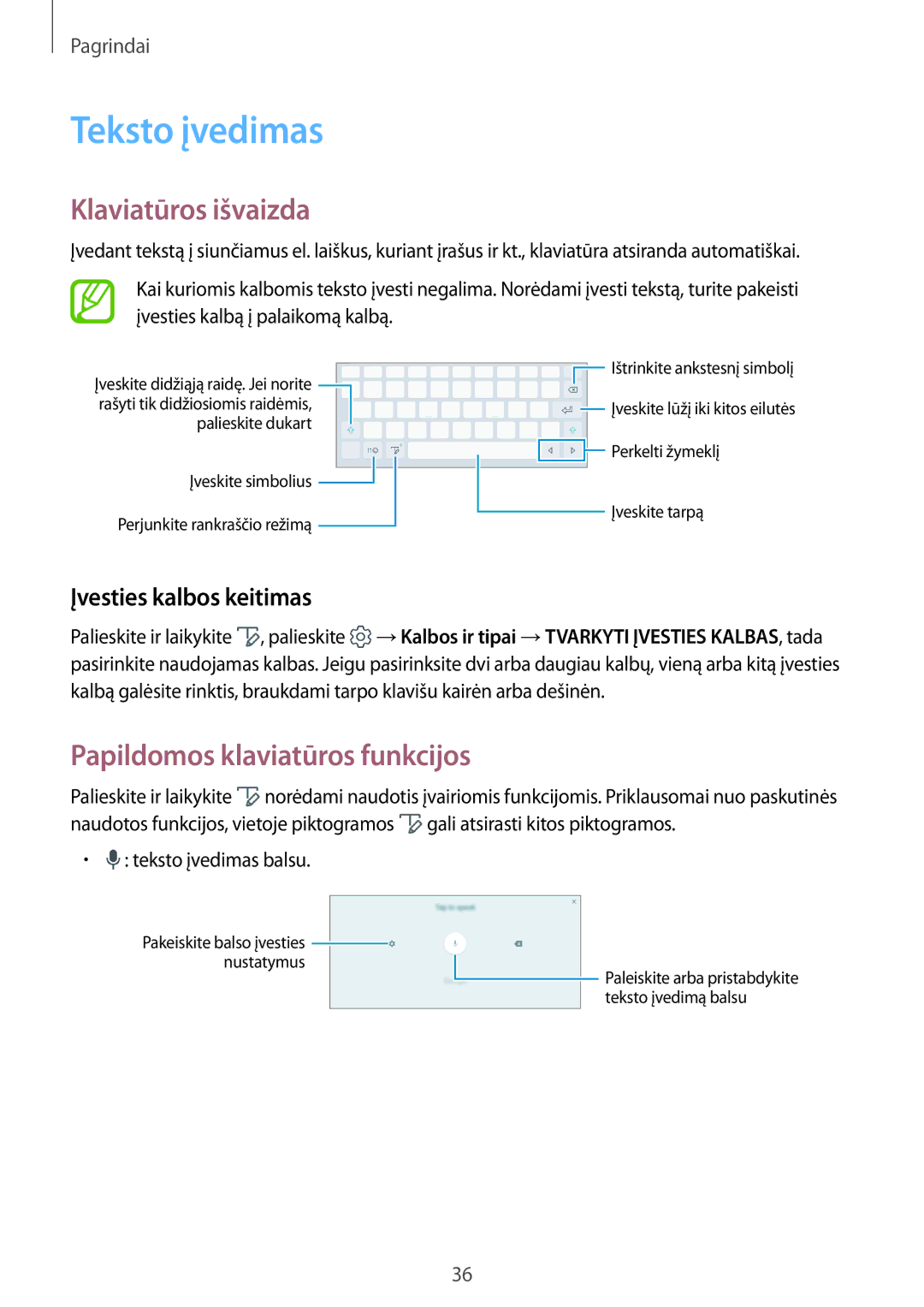 Samsung SM-T550NZWASEB Teksto įvedimas, Klaviatūros išvaizda, Papildomos klaviatūros funkcijos, Įvesties kalbos keitimas 