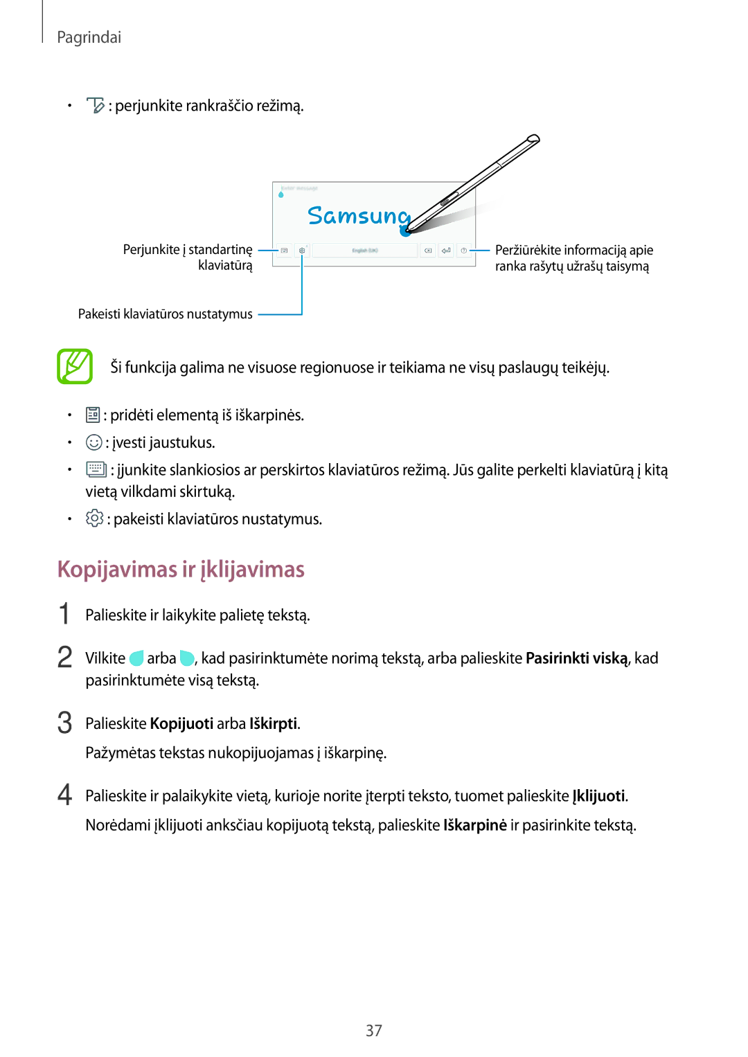 Samsung SM-T550NZKASEB, SM-T550NZWASEB, SM-P550NZKASEB manual Kopijavimas ir įklijavimas, Palieskite Kopijuoti arba Iškirpti 