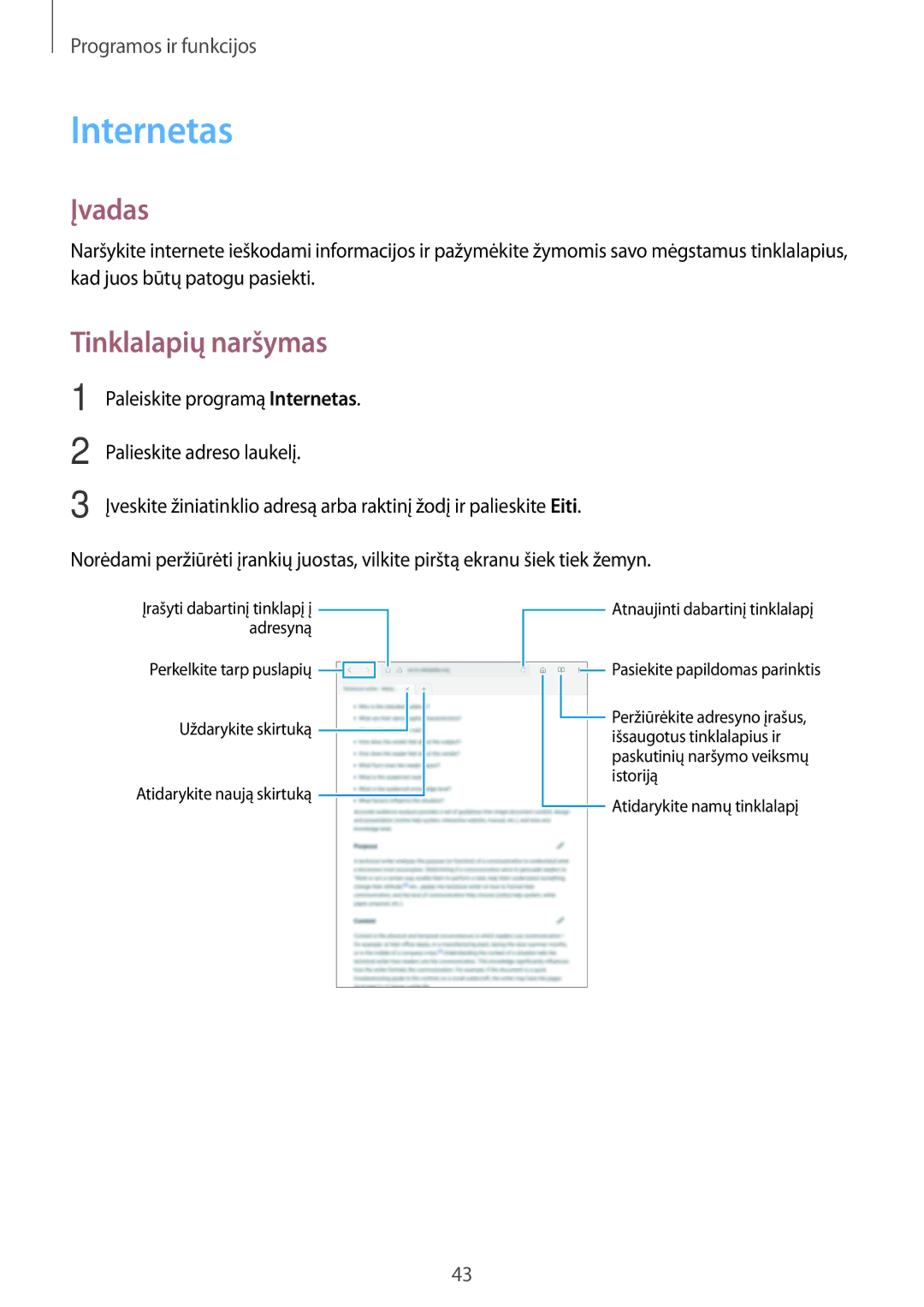 Samsung SM-T550NZKASEB, SM-T550NZWASEB, SM-P550NZKASEB manual Internetas, Tinklalapių naršymas 