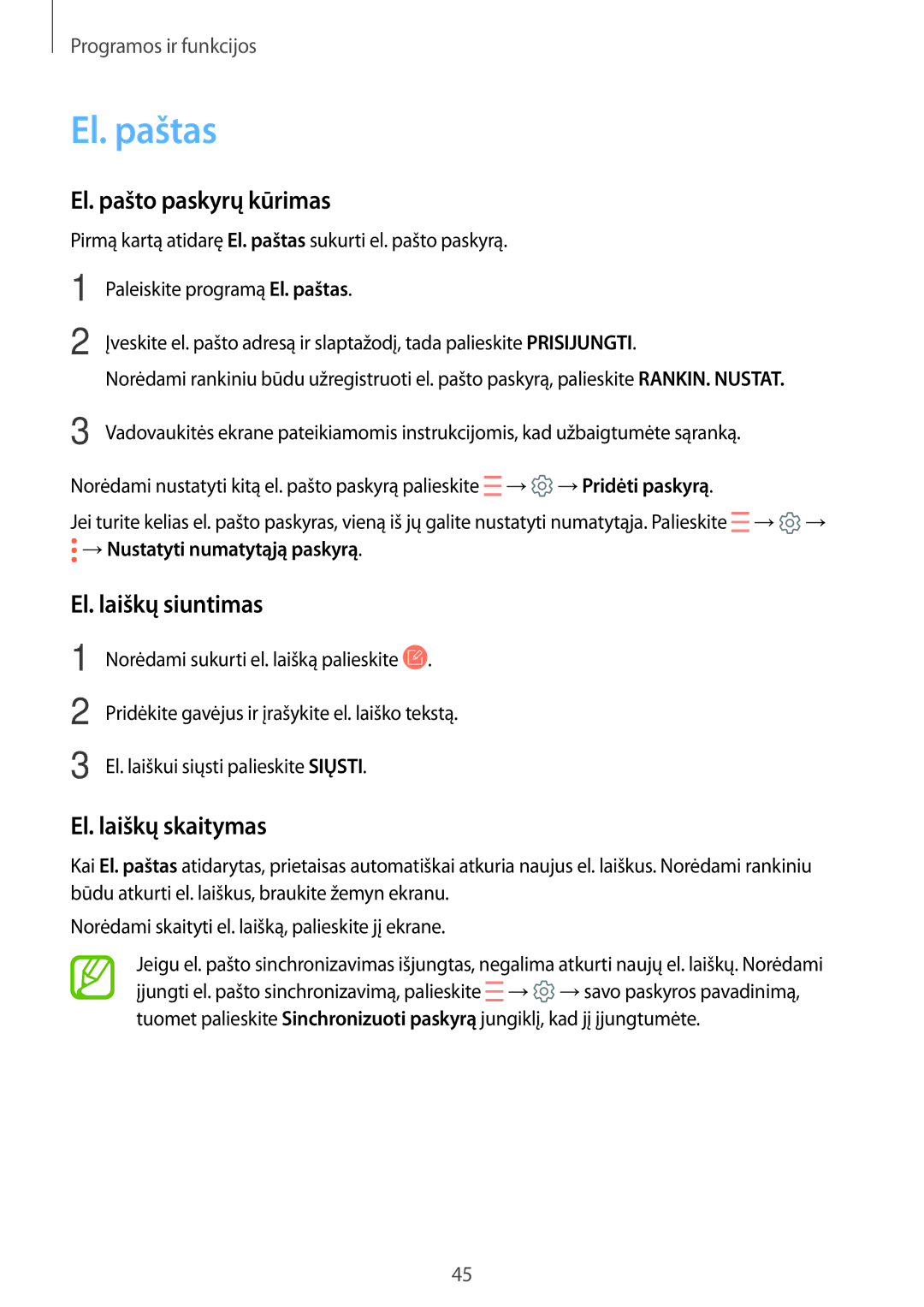 Samsung SM-T550NZWASEB, SM-T550NZKASEB El. paštas, El. pašto paskyrų kūrimas, El. laiškų siuntimas, El. laiškų skaitymas 