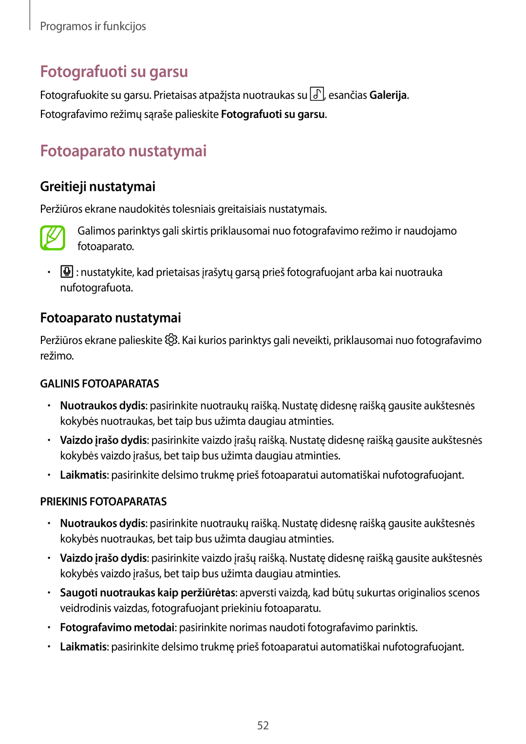 Samsung SM-T550NZKASEB, SM-T550NZWASEB, SM-P550NZKASEB Fotografuoti su garsu, Fotoaparato nustatymai, Greitieji nustatymai 