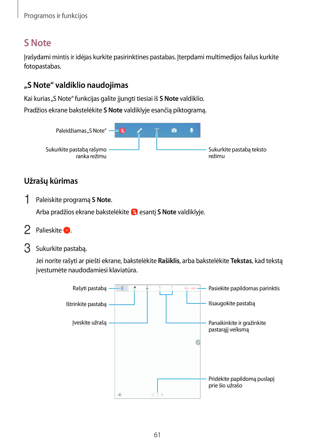 Samsung SM-T550NZKASEB, SM-T550NZWASEB, SM-P550NZKASEB manual „S Note valdiklio naudojimas, Užrašų kūrimas 