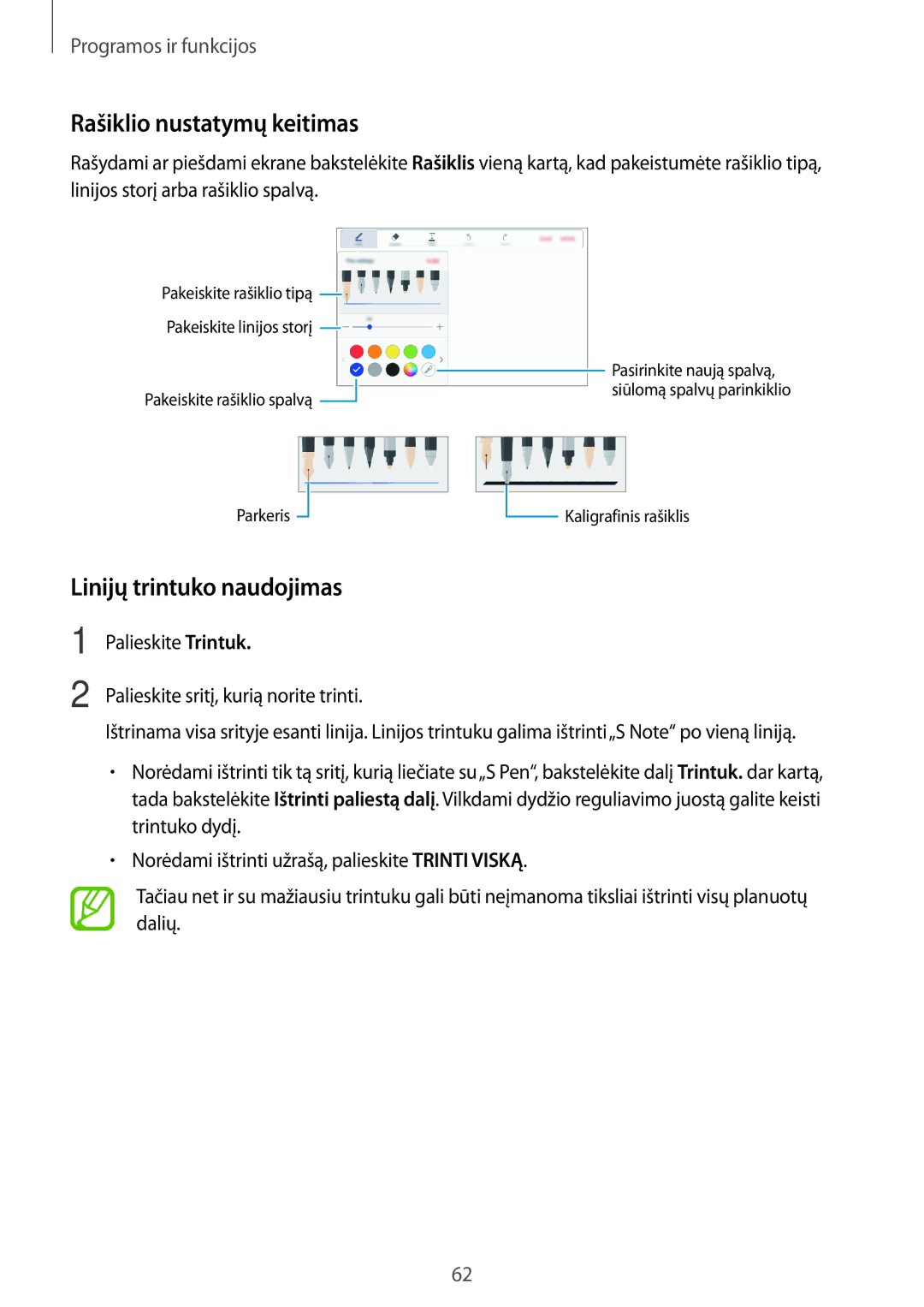 Samsung SM-P550NZKASEB, SM-T550NZWASEB, SM-T550NZKASEB manual Rašiklio nustatymų keitimas, Linijų trintuko naudojimas 