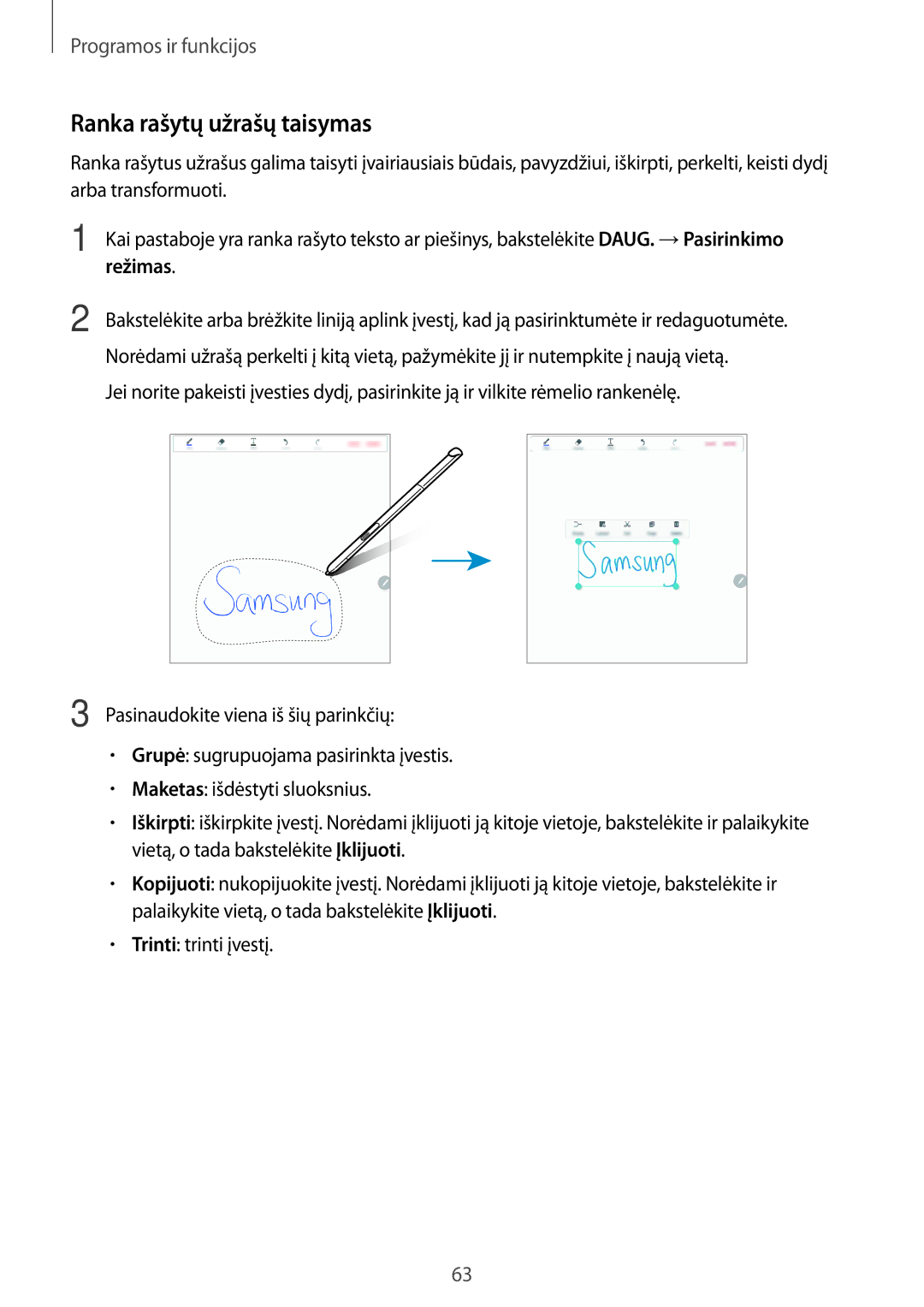 Samsung SM-T550NZWASEB, SM-T550NZKASEB, SM-P550NZKASEB manual Ranka rašytų užrašų taisymas, Režimas 