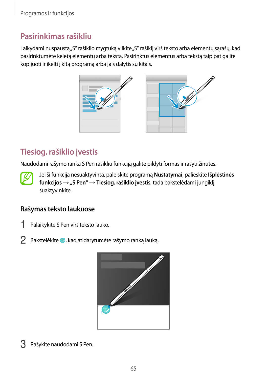 Samsung SM-P550NZKASEB, SM-T550NZWASEB manual Pasirinkimas rašikliu, Tiesiog. rašiklio įvestis, Rašymas teksto laukuose 