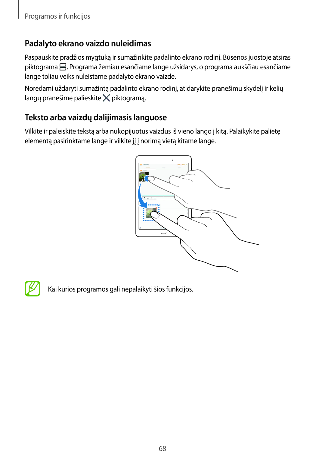 Samsung SM-P550NZKASEB, SM-T550NZWASEB manual Padalyto ekrano vaizdo nuleidimas, Teksto arba vaizdų dalijimasis languose 