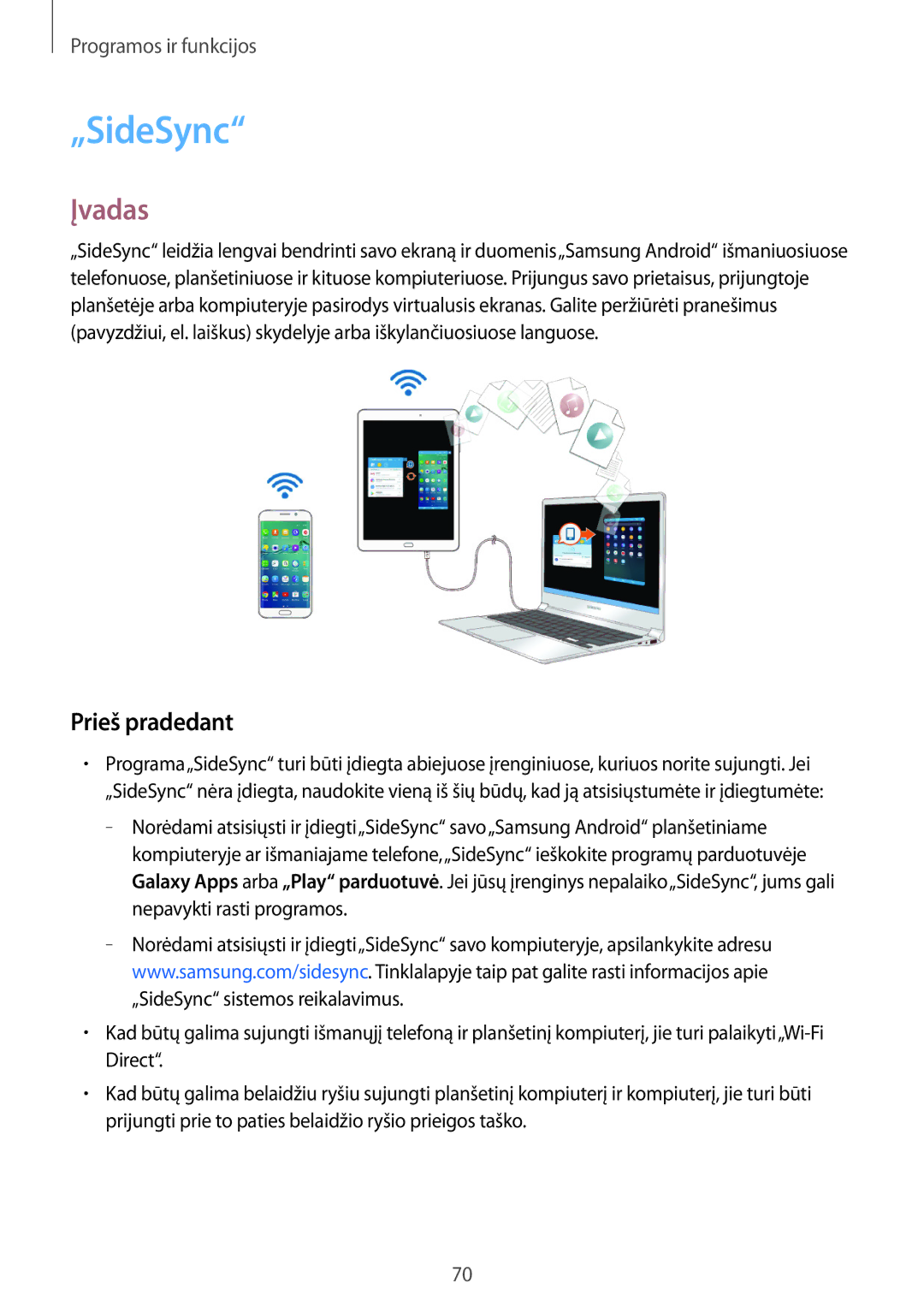 Samsung SM-T550NZKASEB, SM-T550NZWASEB, SM-P550NZKASEB manual „SideSync, Prieš pradedant 