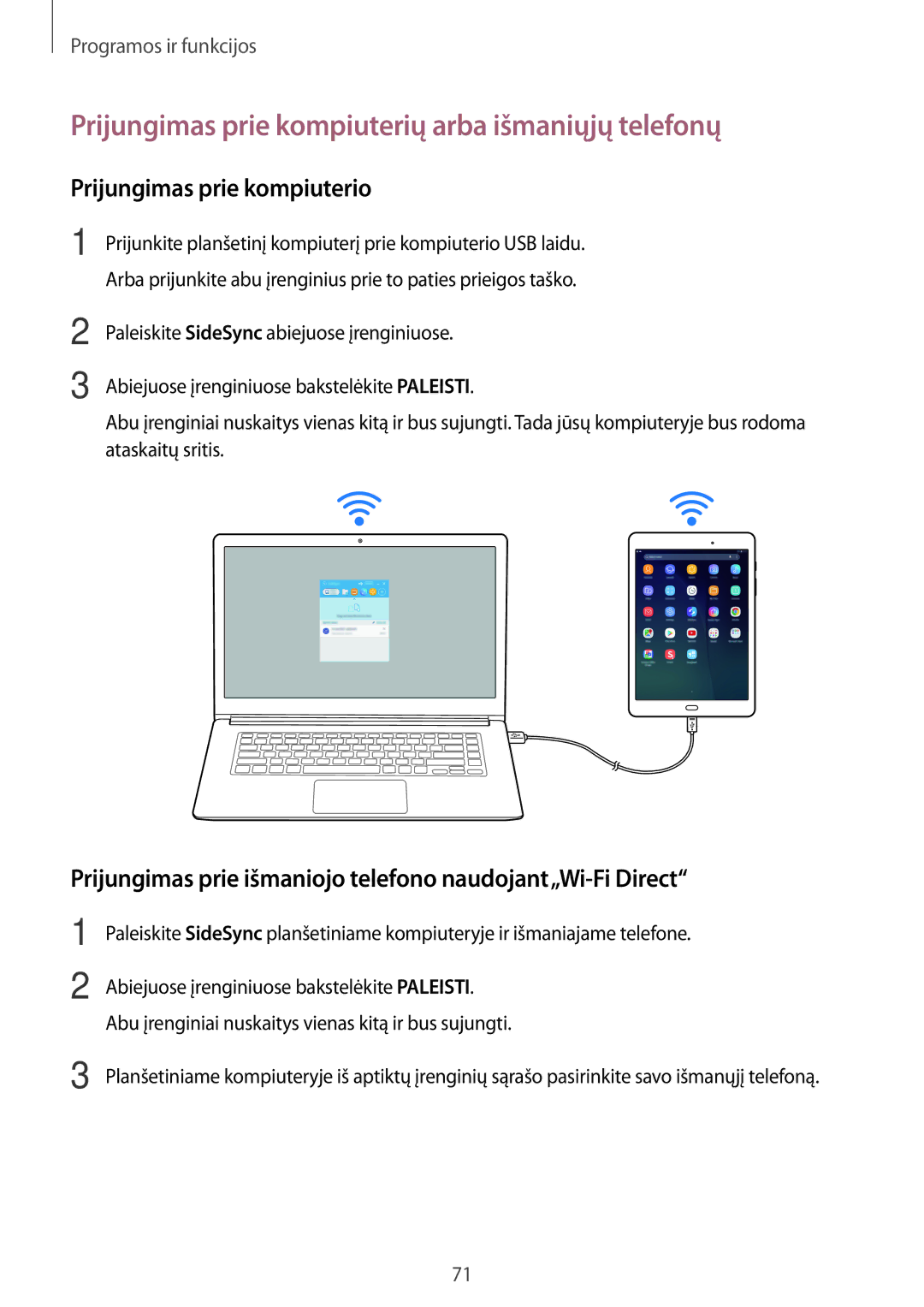 Samsung SM-P550NZKASEB, SM-T550NZWASEB Prijungimas prie kompiuterių arba išmaniųjų telefonų, Prijungimas prie kompiuterio 