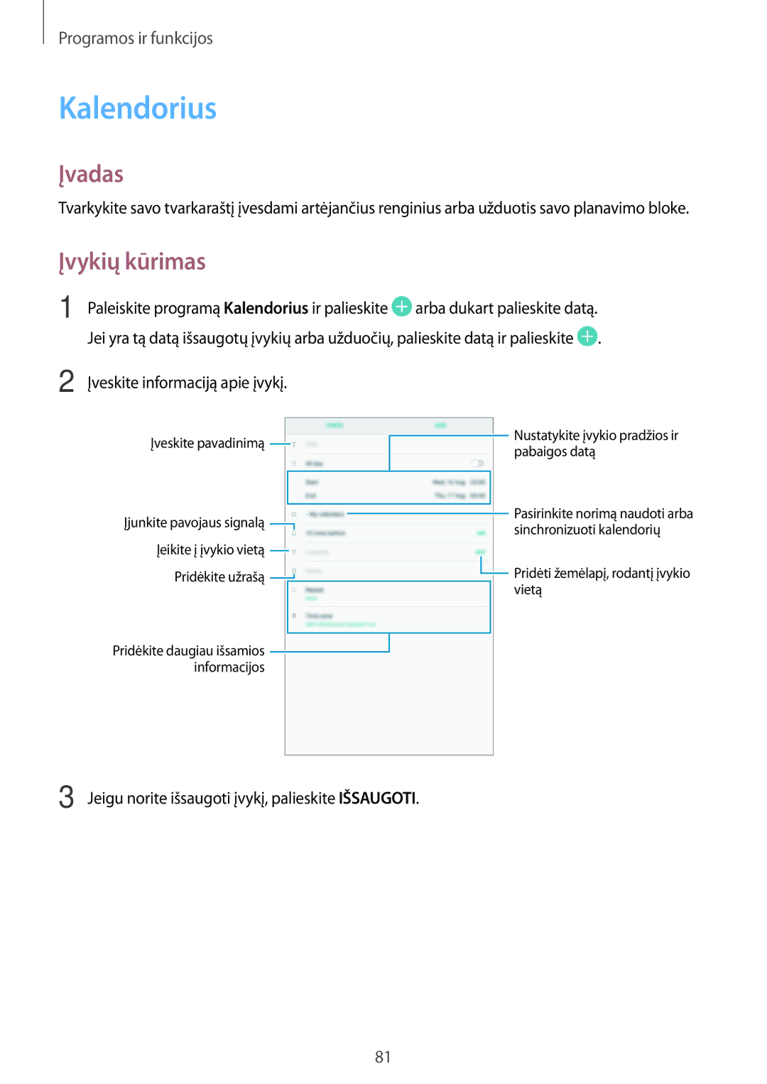 Samsung SM-T550NZWASEB, SM-T550NZKASEB, SM-P550NZKASEB manual Kalendorius, Įvykių kūrimas 