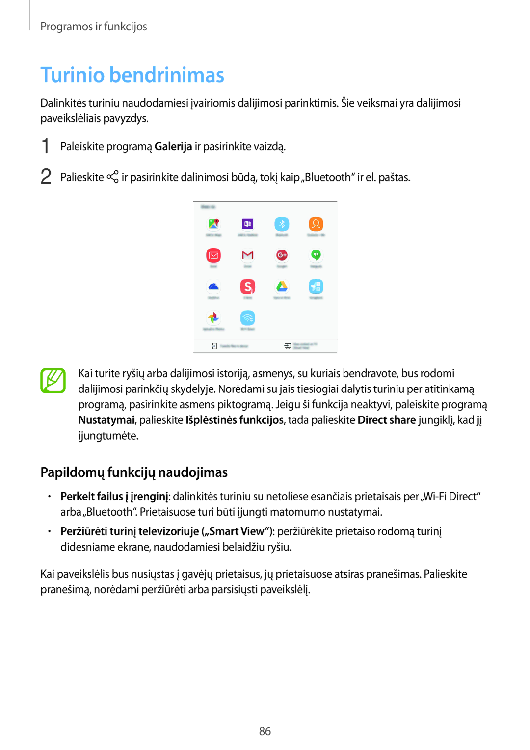 Samsung SM-P550NZKASEB, SM-T550NZWASEB, SM-T550NZKASEB manual Turinio bendrinimas, Papildomų funkcijų naudojimas 