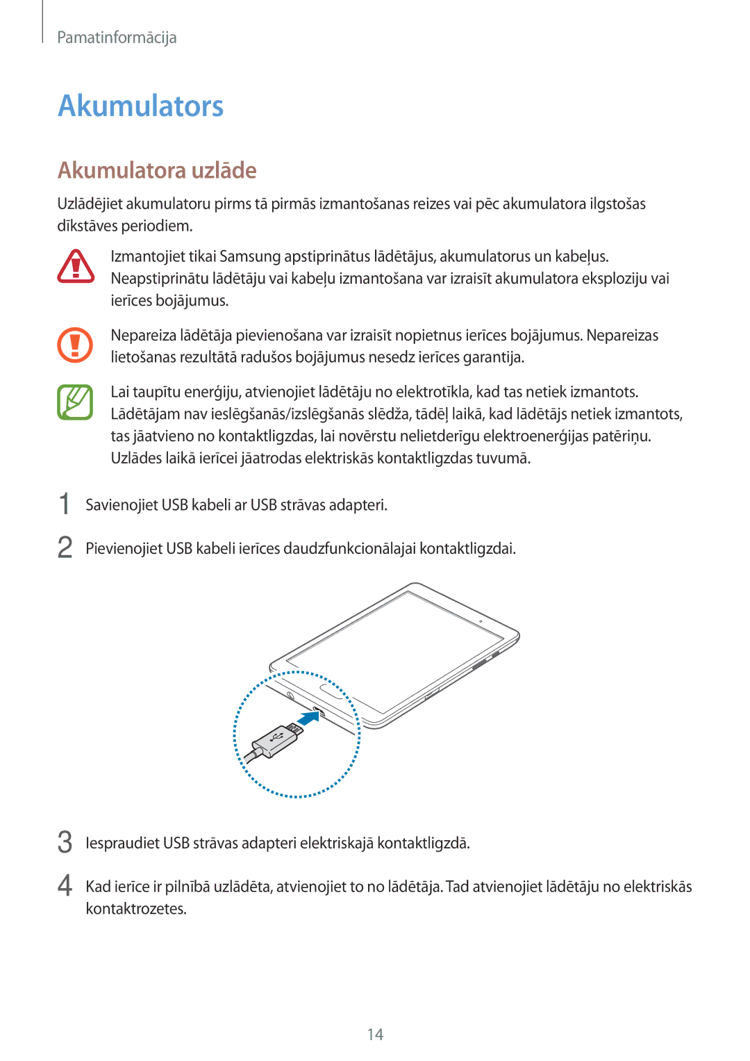 Samsung SM-P550NZKASEB, SM-T550NZWASEB, SM-T550NZKASEB manual Akumulators, Akumulatora uzlāde 