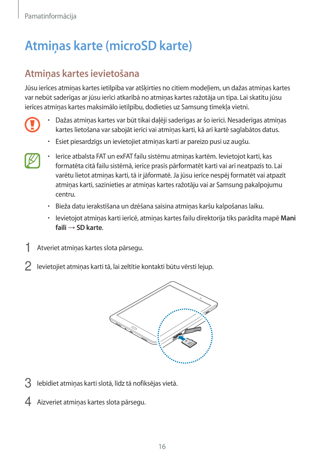 Samsung SM-T550NZKASEB, SM-T550NZWASEB, SM-P550NZKASEB manual Atmiņas karte microSD karte, Atmiņas kartes ievietošana 