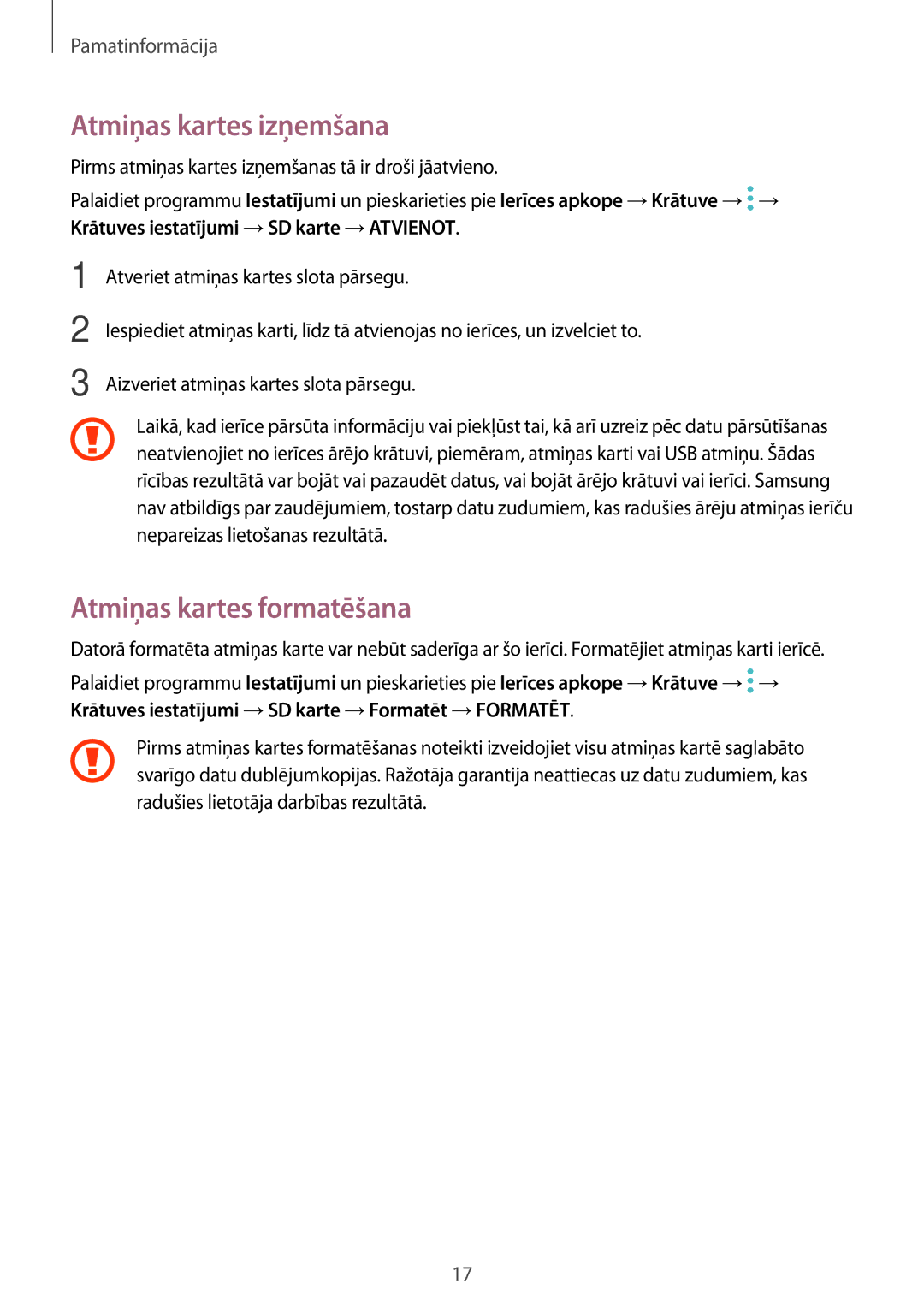 Samsung SM-P550NZKASEB, SM-T550NZWASEB, SM-T550NZKASEB manual Atmiņas kartes izņemšana, Atmiņas kartes formatēšana 