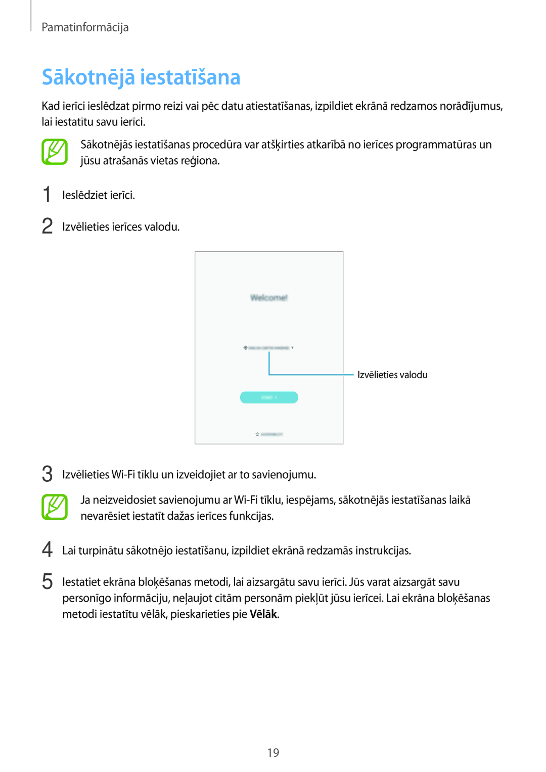 Samsung SM-T550NZKASEB, SM-T550NZWASEB, SM-P550NZKASEB manual Sākotnējā iestatīšana 