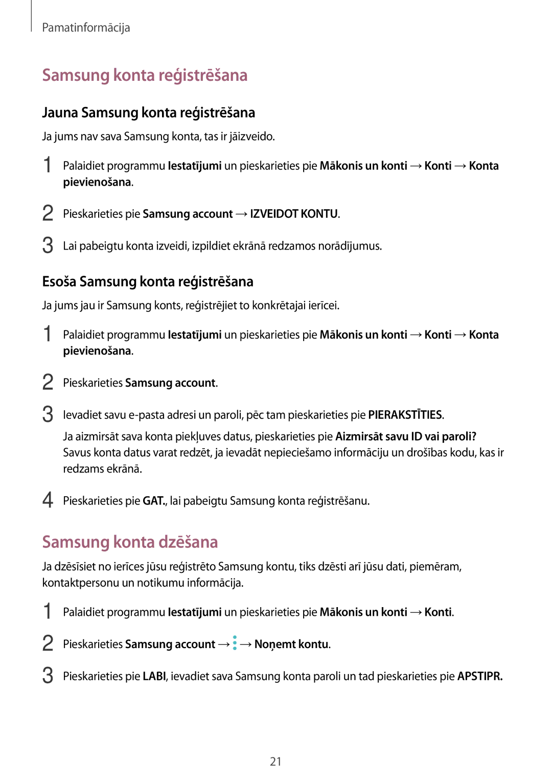 Samsung SM-T550NZWASEB manual Samsung konta dzēšana, Jauna Samsung konta reģistrēšana, Esoša Samsung konta reģistrēšana 