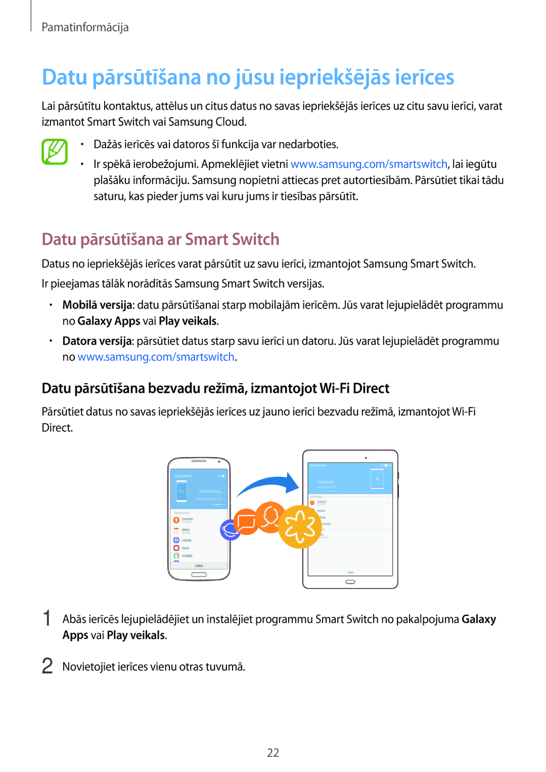 Samsung SM-T550NZKASEB, SM-T550NZWASEB Datu pārsūtīšana no jūsu iepriekšējās ierīces, Datu pārsūtīšana ar Smart Switch 