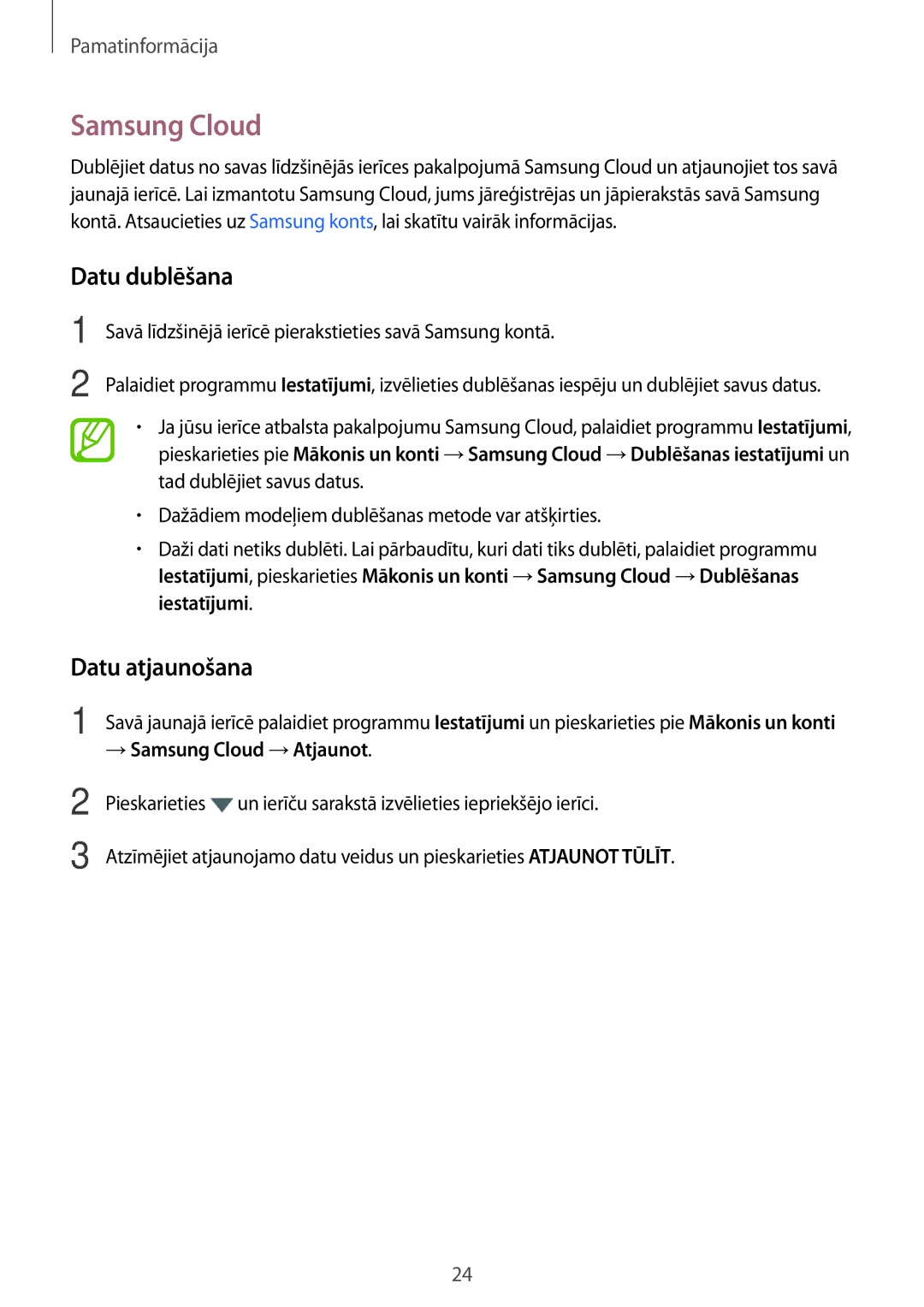 Samsung SM-T550NZWASEB, SM-T550NZKASEB, SM-P550NZKASEB manual Datu dublēšana, Datu atjaunošana, → Samsung Cloud →Atjaunot 