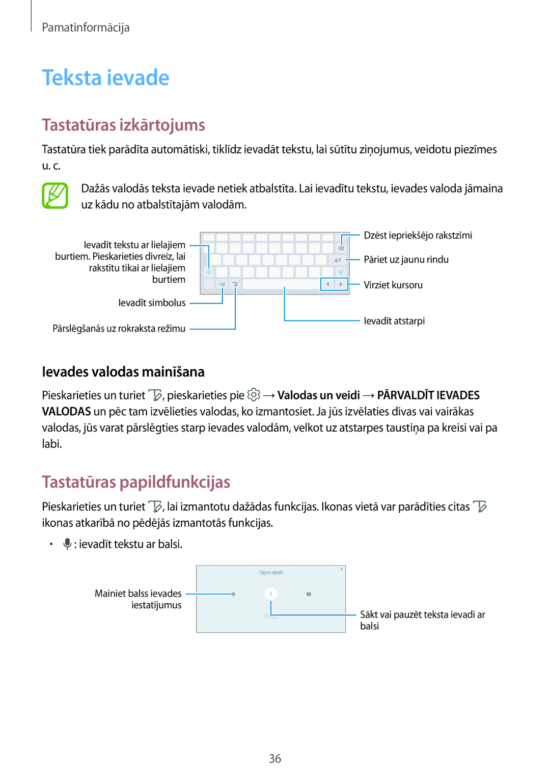 Samsung SM-T550NZWASEB manual Teksta ievade, Tastatūras izkārtojums, Tastatūras papildfunkcijas, Ievades valodas mainīšana 