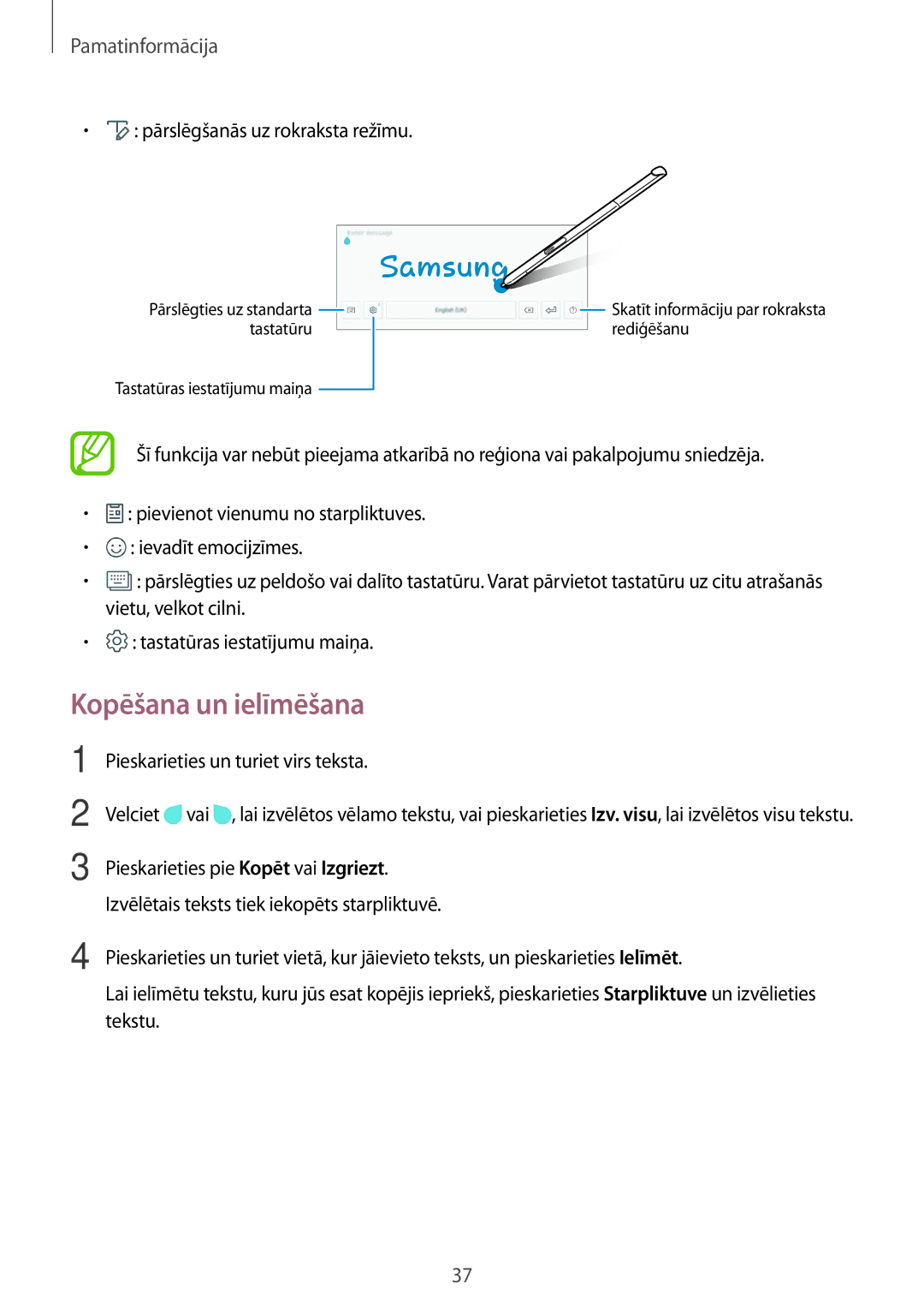 Samsung SM-T550NZKASEB manual Kopēšana un ielīmēšana, Pārslēgšanās uz rokraksta režīmu, Pieskarieties un turiet virs teksta 