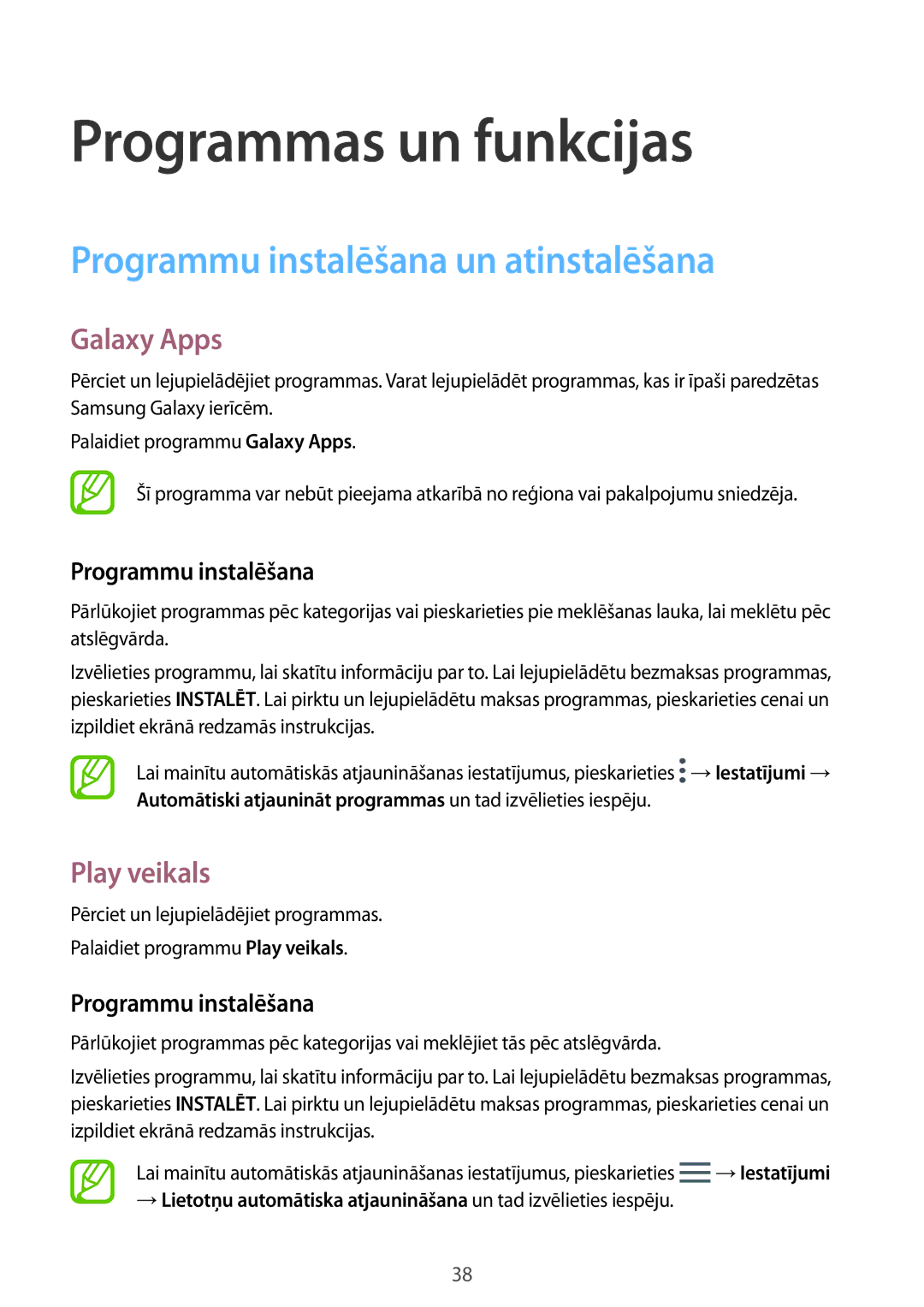 Samsung SM-P550NZKASEB, SM-T550NZWASEB, SM-T550NZKASEB Programmu instalēšana un atinstalēšana, Galaxy Apps, Play veikals 