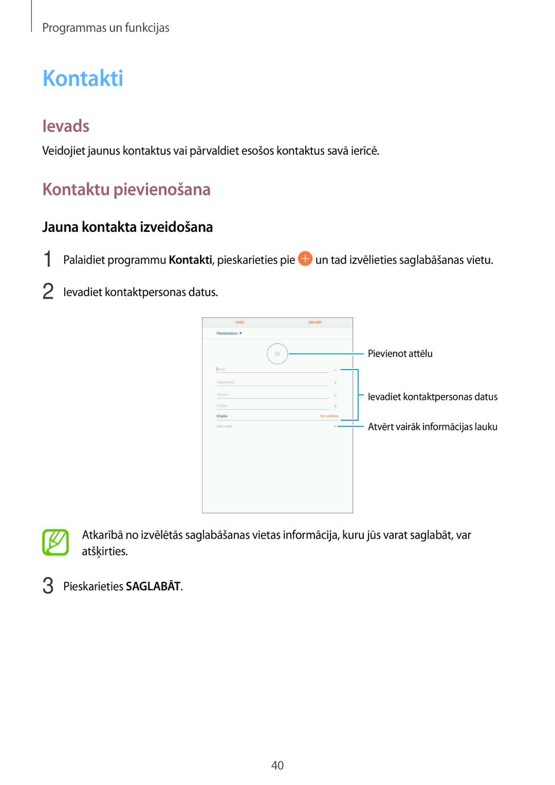 Samsung SM-T550NZKASEB, SM-T550NZWASEB, SM-P550NZKASEB manual Kontakti, Kontaktu pievienošana, Jauna kontakta izveidošana 