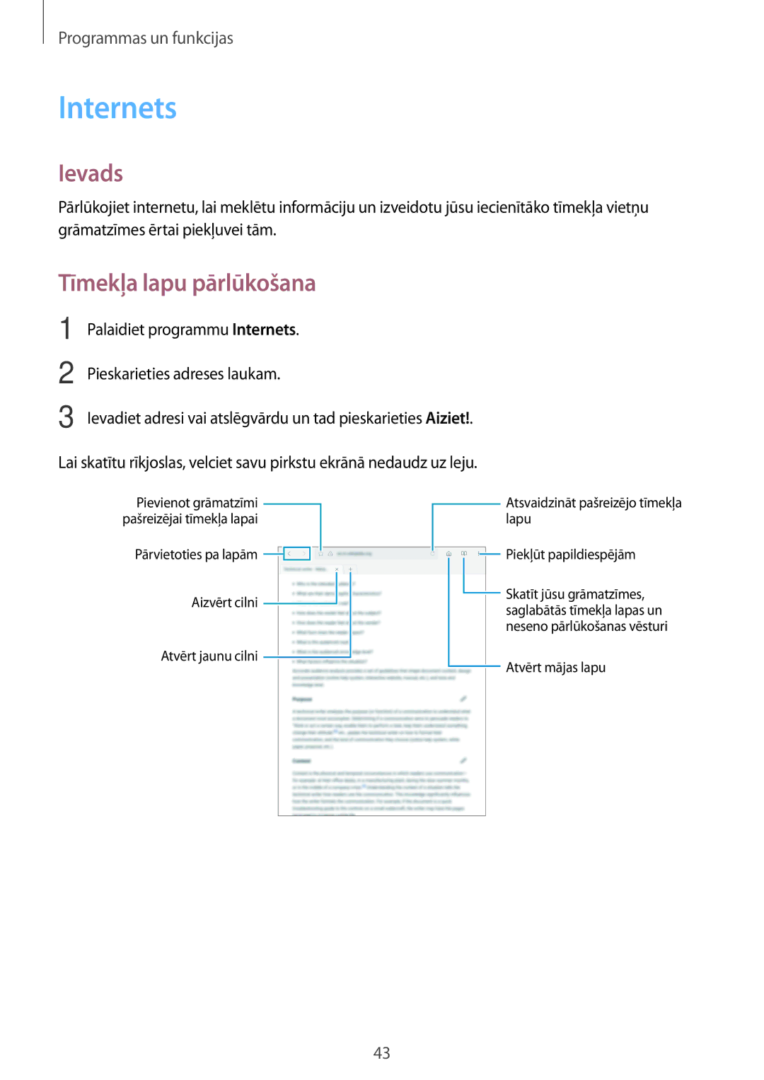 Samsung SM-T550NZKASEB, SM-T550NZWASEB, SM-P550NZKASEB manual Internets, Tīmekļa lapu pārlūkošana 