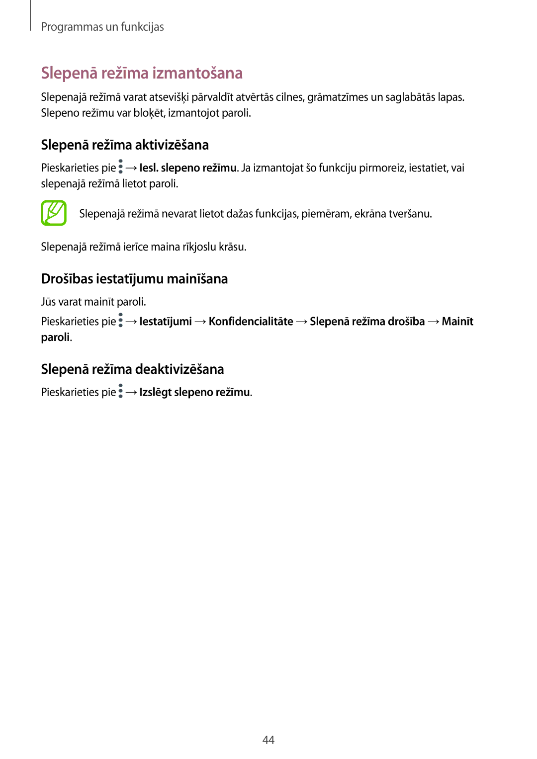 Samsung SM-P550NZKASEB manual Slepenā režīma izmantošana, Slepenā režīma aktivizēšana, Drošības iestatījumu mainīšana 