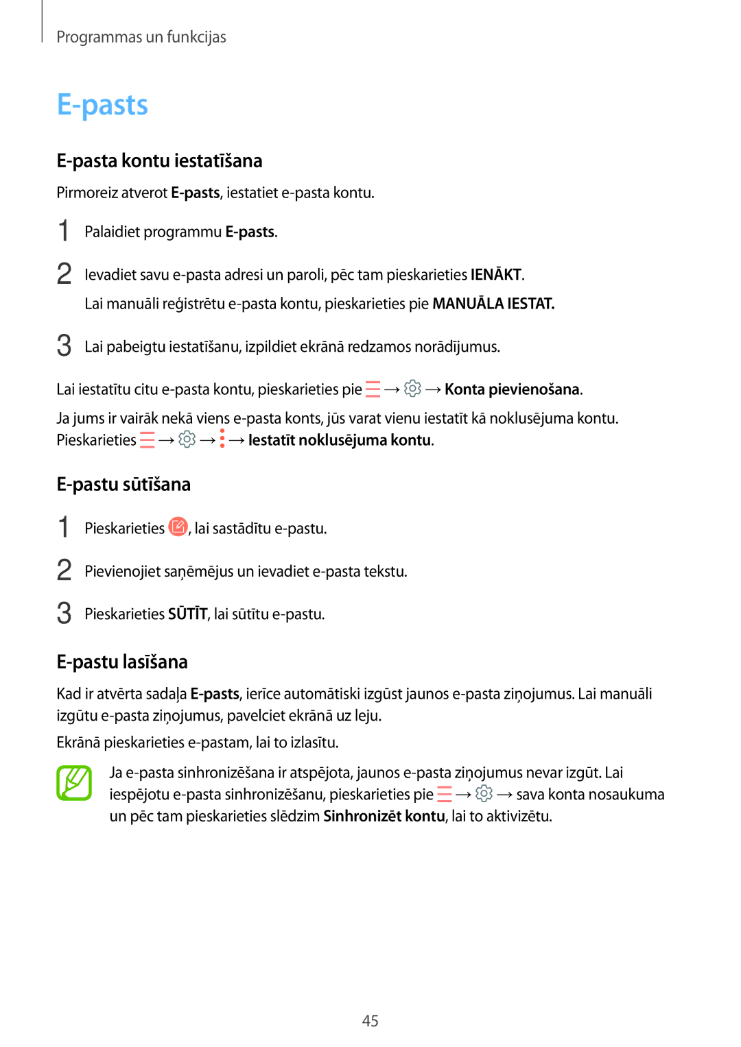 Samsung SM-T550NZWASEB, SM-T550NZKASEB, SM-P550NZKASEB manual Pasts, Pasta kontu iestatīšana, Pastu sūtīšana, Pastu lasīšana 