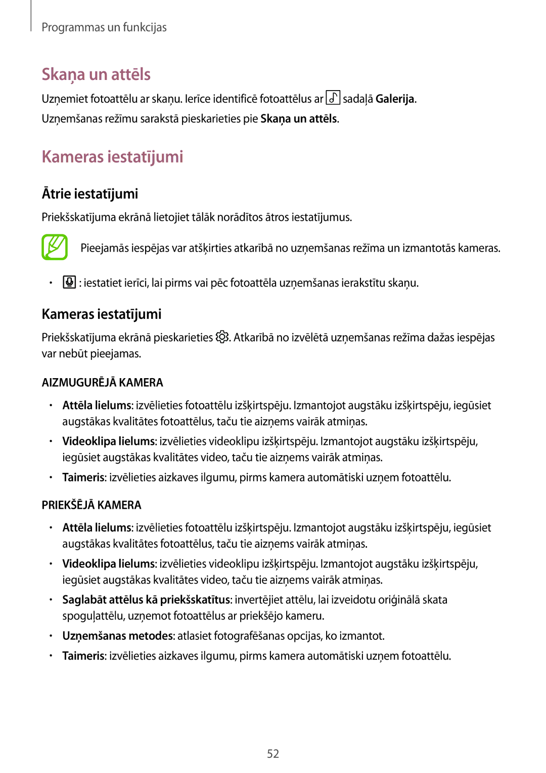 Samsung SM-T550NZKASEB, SM-T550NZWASEB, SM-P550NZKASEB manual Skaņa un attēls, Kameras iestatījumi, Ātrie iestatījumi 