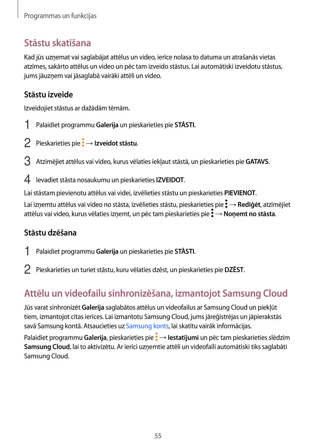 Samsung SM-T550NZKASEB, SM-T550NZWASEB, SM-P550NZKASEB manual Stāstu skatīšana, Stāstu izveide, Stāstu dzēšana 