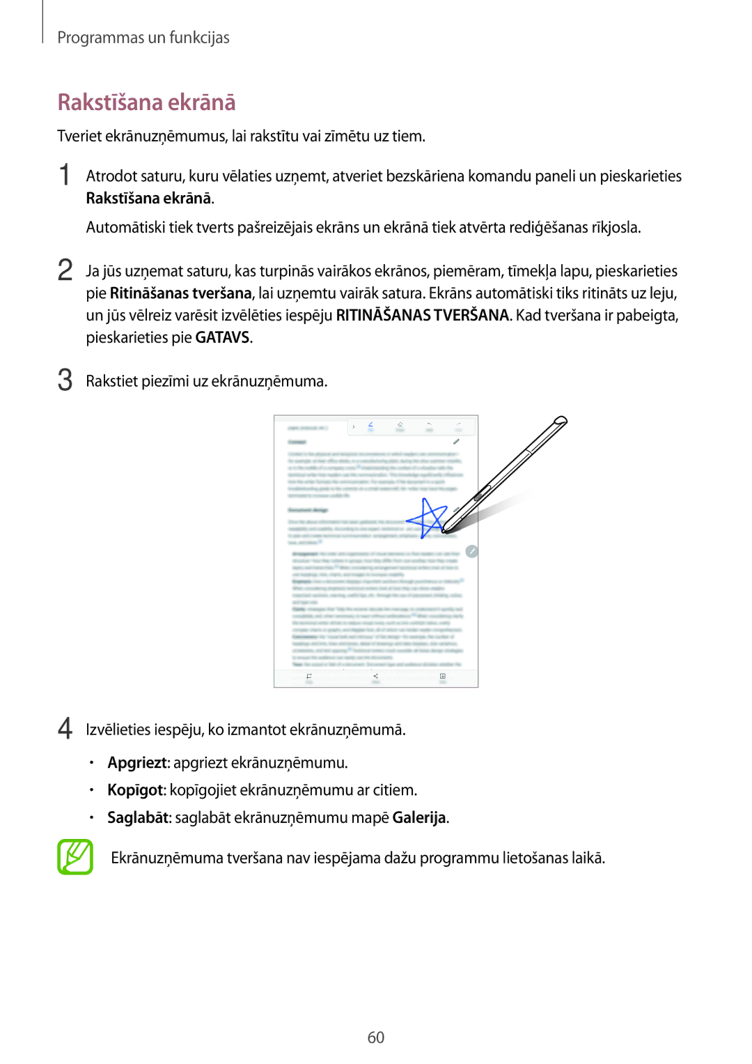 Samsung SM-T550NZWASEB, SM-T550NZKASEB manual Rakstīšana ekrānā, Tveriet ekrānuzņēmumus, lai rakstītu vai zīmētu uz tiem 