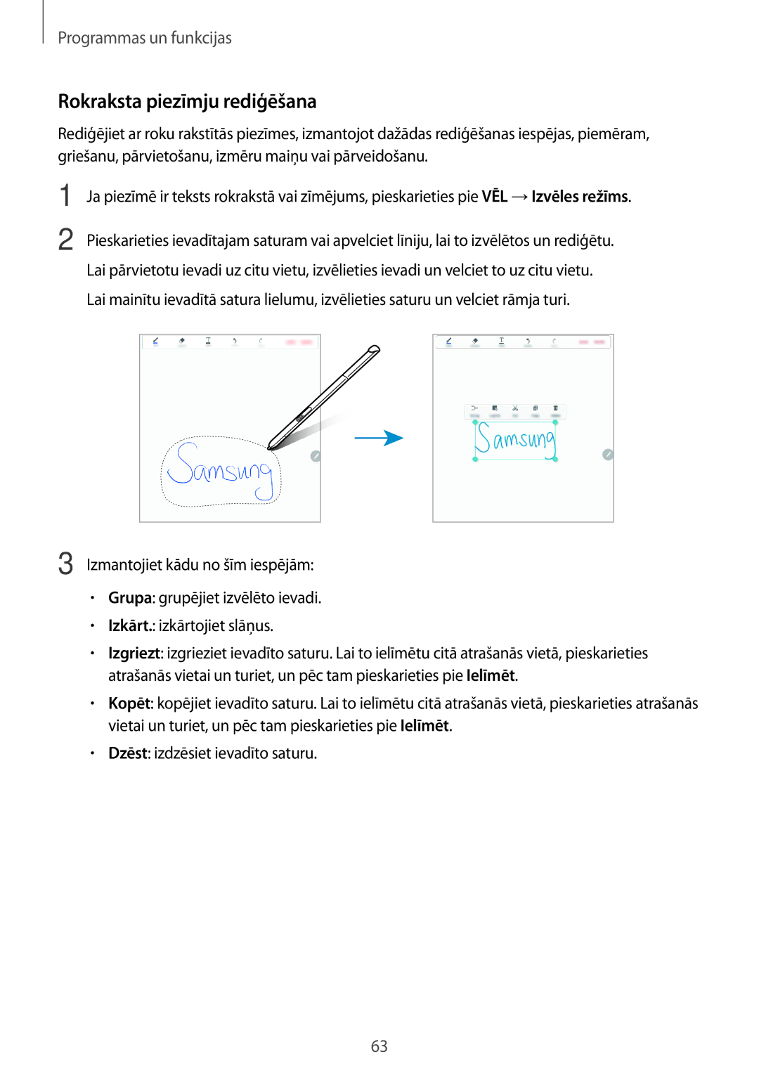 Samsung SM-T550NZWASEB, SM-T550NZKASEB, SM-P550NZKASEB manual Rokraksta piezīmju rediģēšana 