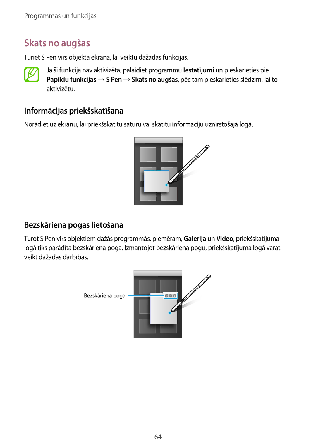 Samsung SM-T550NZKASEB, SM-T550NZWASEB manual Skats no augšas, Informācijas priekšskatīšana, Bezskāriena pogas lietošana 