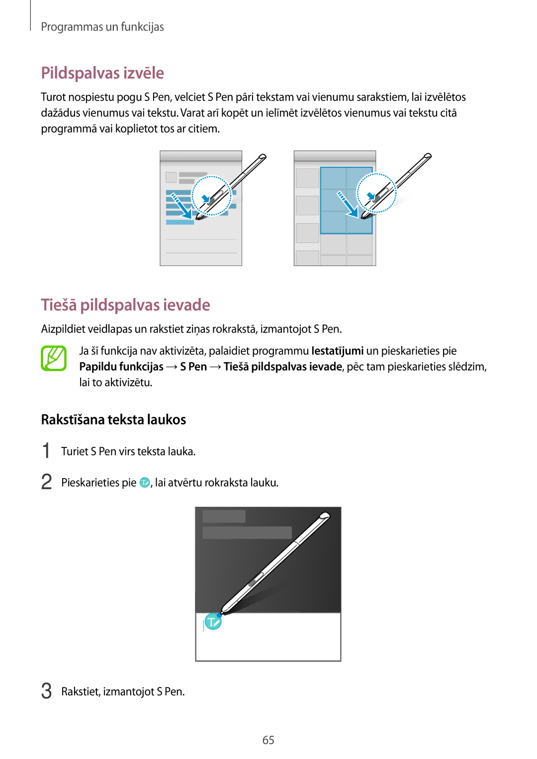 Samsung SM-P550NZKASEB, SM-T550NZWASEB manual Pildspalvas izvēle, Tiešā pildspalvas ievade, Rakstīšana teksta laukos 