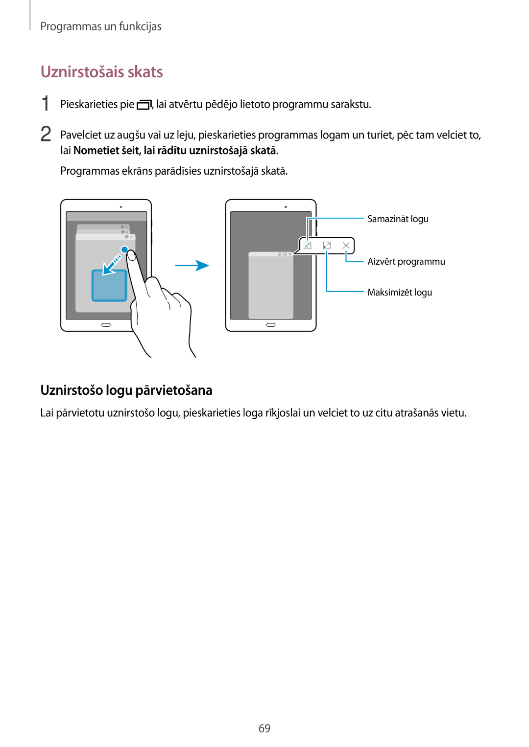 Samsung SM-T550NZWASEB Uznirstošais skats, Uznirstošo logu pārvietošana, Lai Nometiet šeit, lai rādītu uznirstošajā skatā 