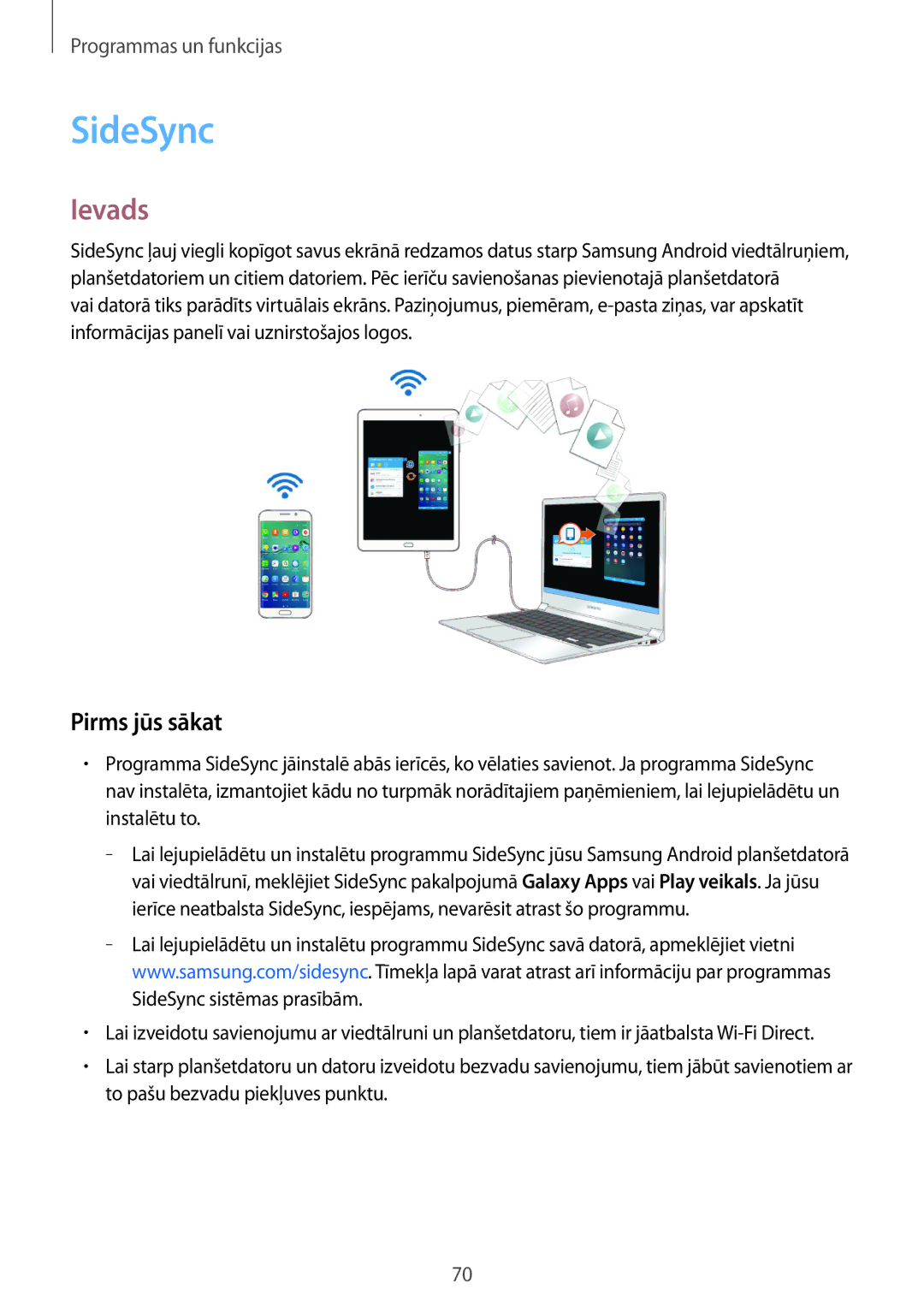 Samsung SM-T550NZKASEB, SM-T550NZWASEB, SM-P550NZKASEB manual SideSync, Pirms jūs sākat 