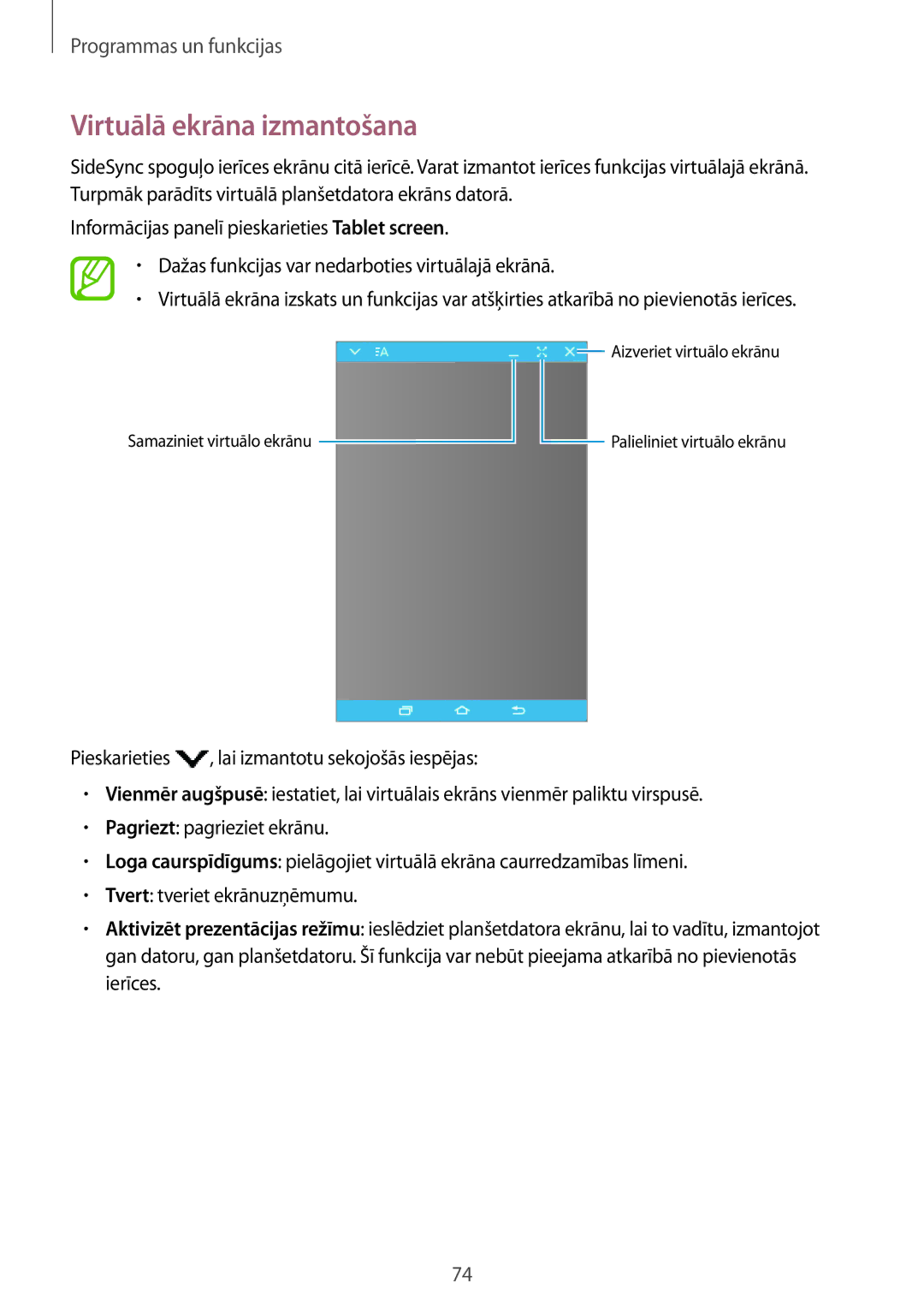 Samsung SM-P550NZKASEB, SM-T550NZWASEB, SM-T550NZKASEB manual Virtuālā ekrāna izmantošana 